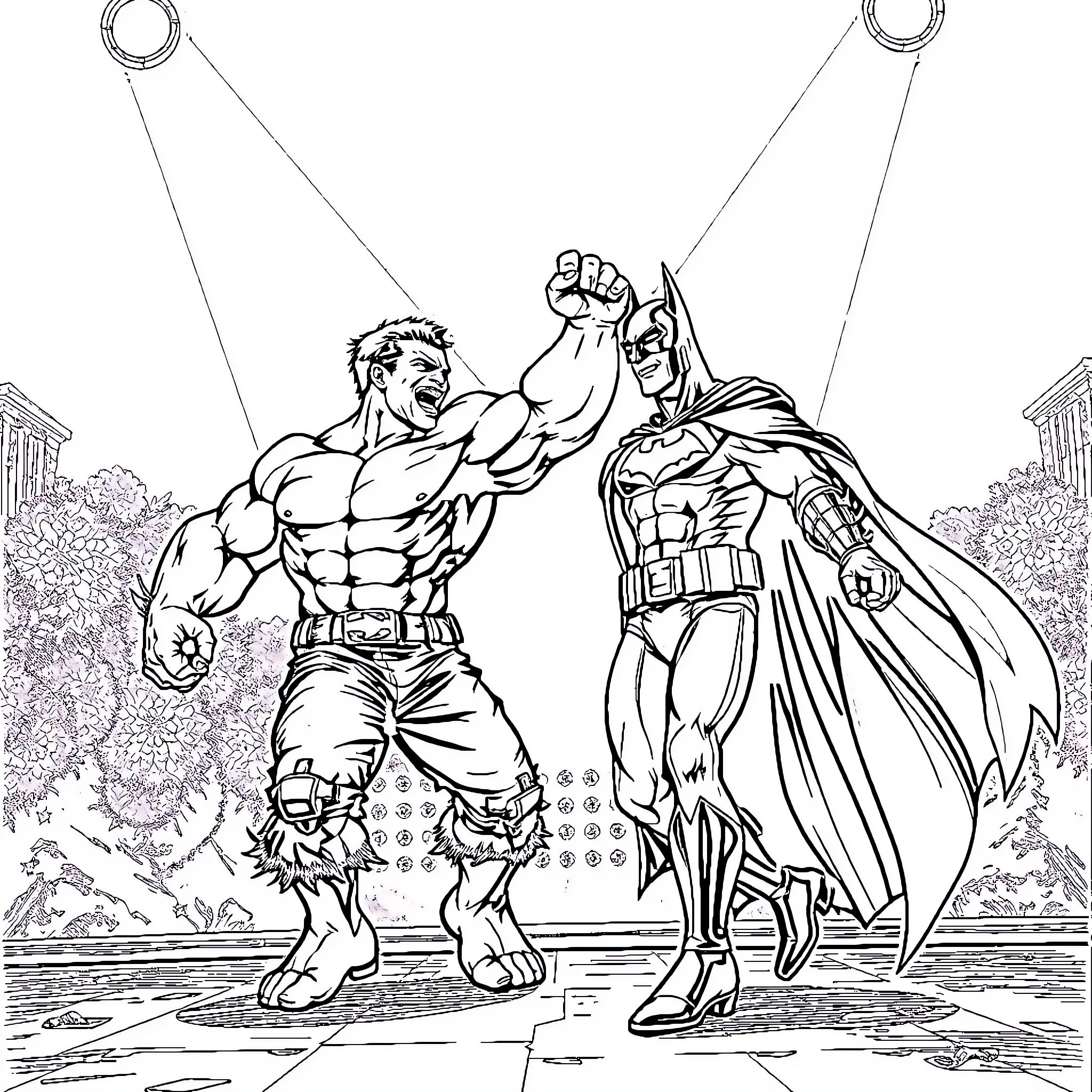 Hulk and Batman in an epic showdown Coloring Page (free black-and-white line drawing printable PDF for all, from beginners to advanced learners, including children, teens, adults, and seniors)