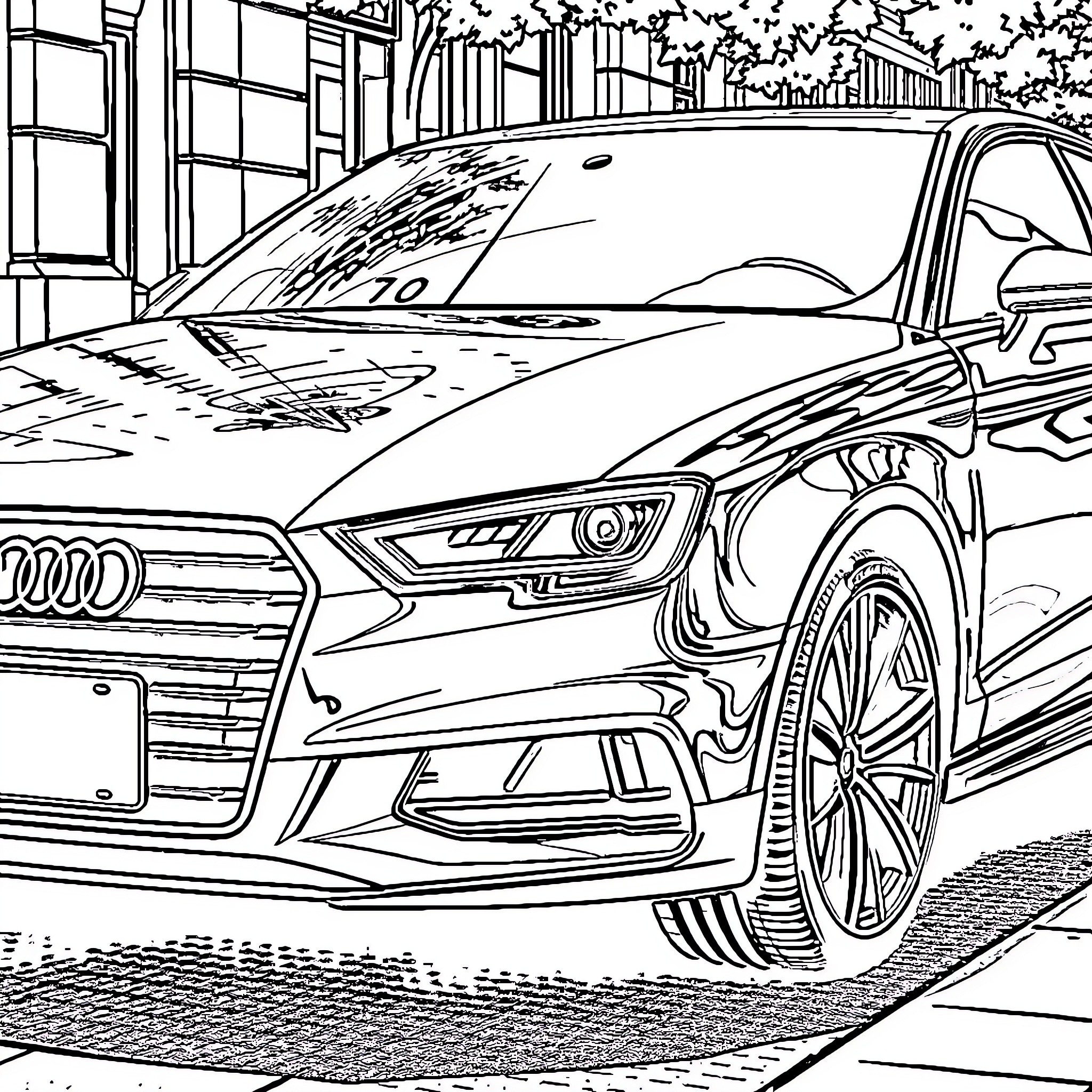 Audi A3 parked on the city street Coloring Page (free black-and-white line drawing printable PDF for all, from beginners to advanced learners, including children, teens, adults, and seniors)