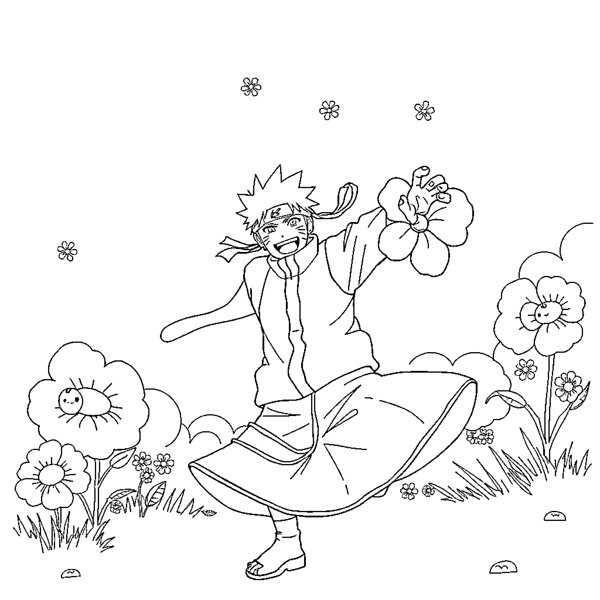 Naruto enjoying nature's beauty among the flowers Coloring Page (free black-and-white line drawing printable PDF for all, from beginners to advanced learners, including children, teens, adults, and seniors)