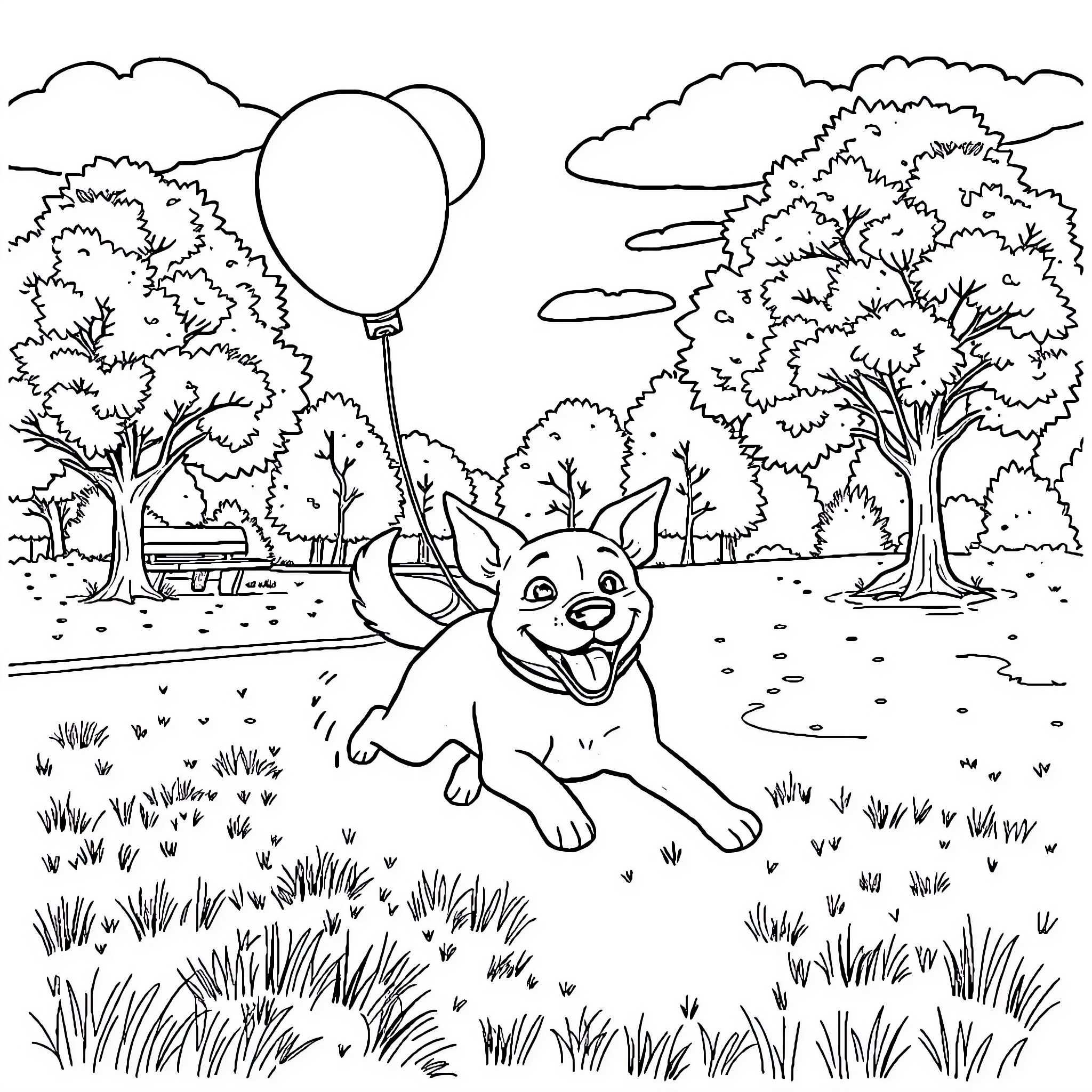 Dog chasing a balloon in a peaceful park Coloring Page (free black-and-white line drawing printable PDF for all, from beginners to advanced learners, including children, teens, adults, and seniors)
