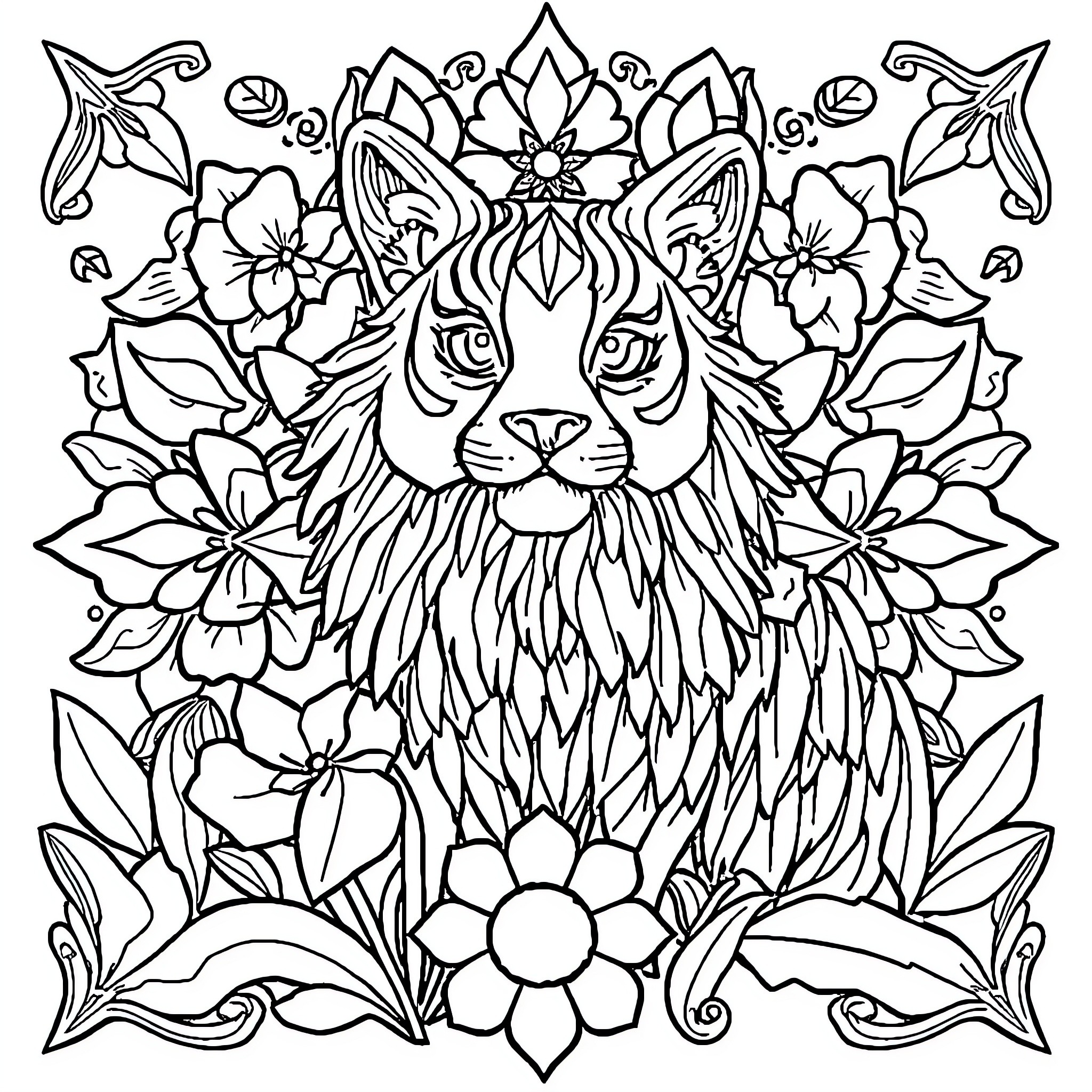 Mandalas with a Feline Floral Motif Coloring Page (free black-and-white line drawing printable PDF for all, from beginners to advanced learners, including children, teens, adults, and seniors)