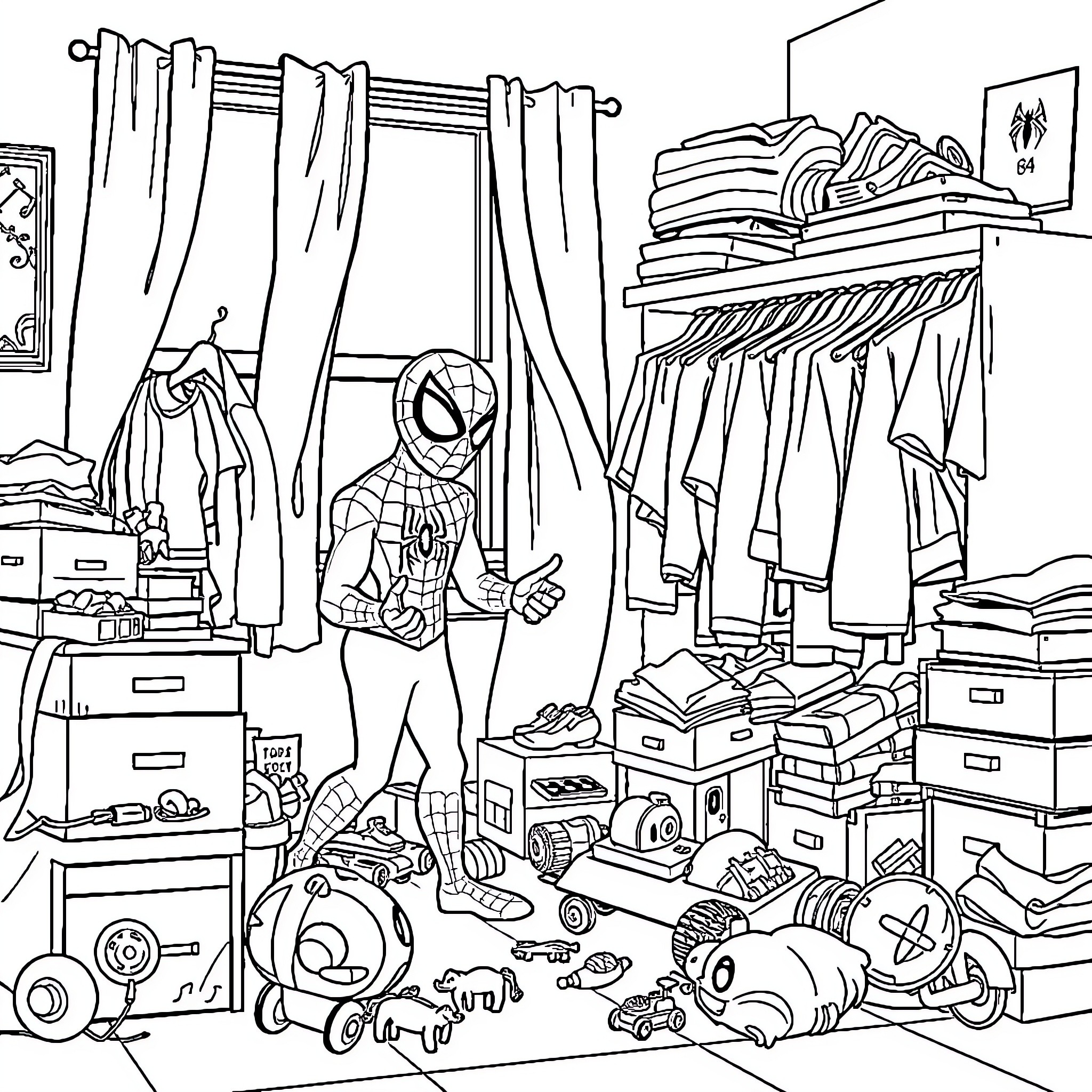 Spiderman tidying up his messy room Coloring Page (free black-and-white line drawing printable PDF for all, from beginners to advanced learners, including children, teens, adults, and seniors)
