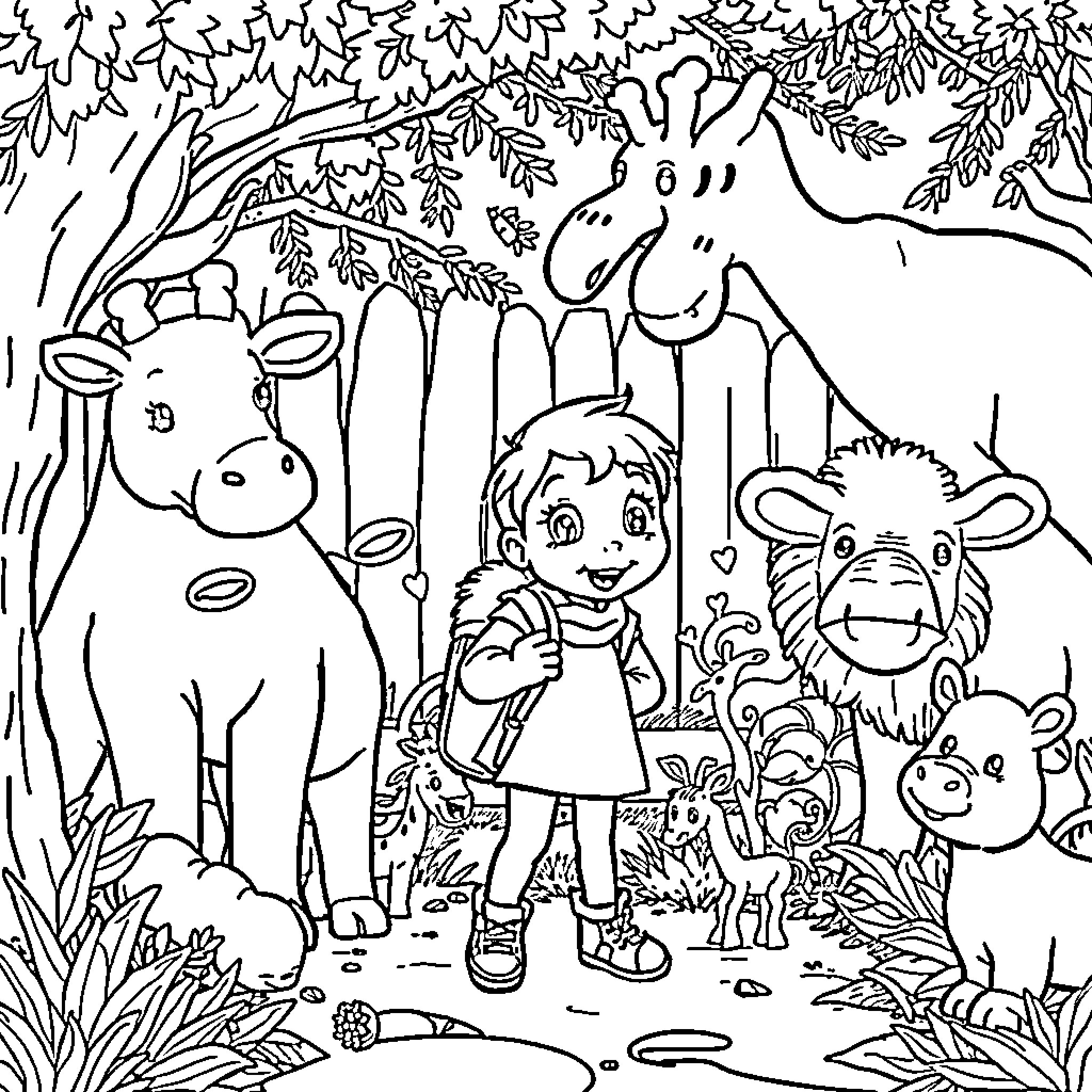 Nijntje Explores the Enchanted Forest with Animal Friends Coloring Page (free black-and-white line drawing printable PDF for all, from beginners to advanced learners, including children, teens, adults, and seniors)