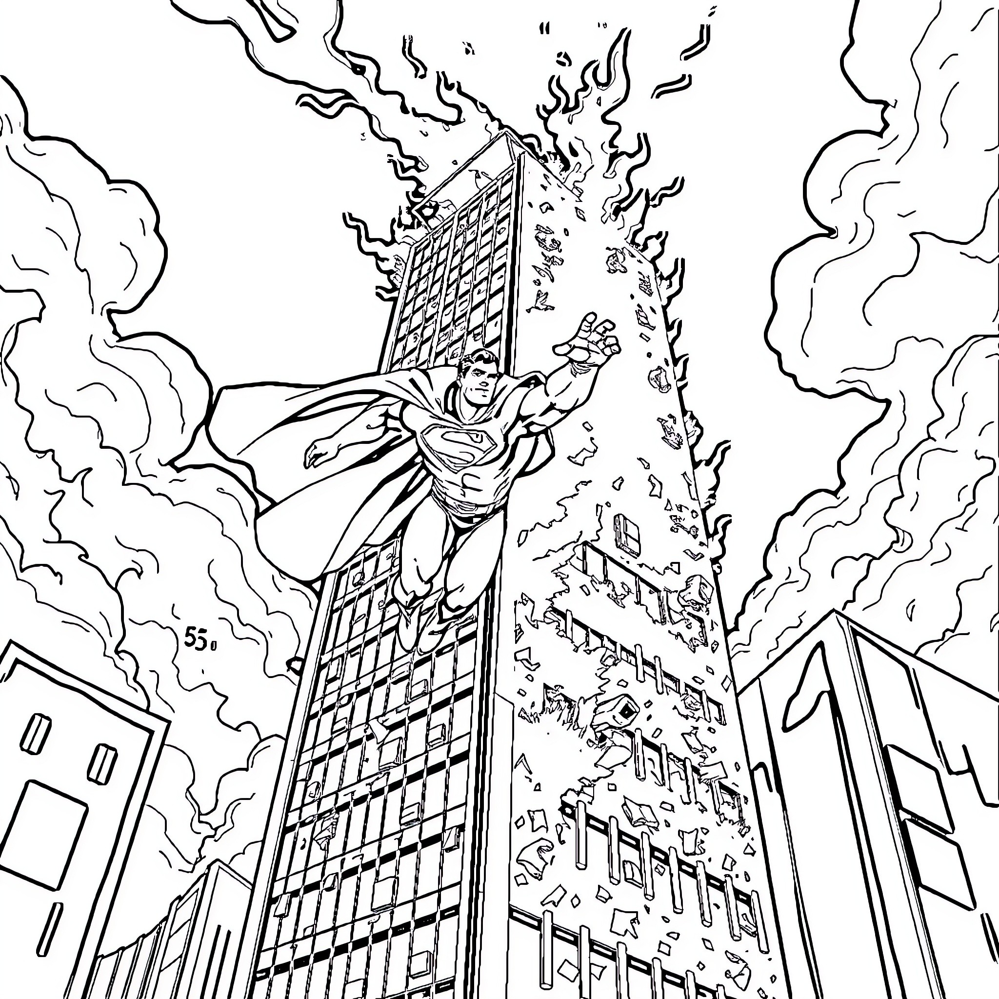 Superman saving the city from disaster Coloring Page (free black-and-white line drawing printable PDF for all, from beginners to advanced learners, including children, teens, adults, and seniors)