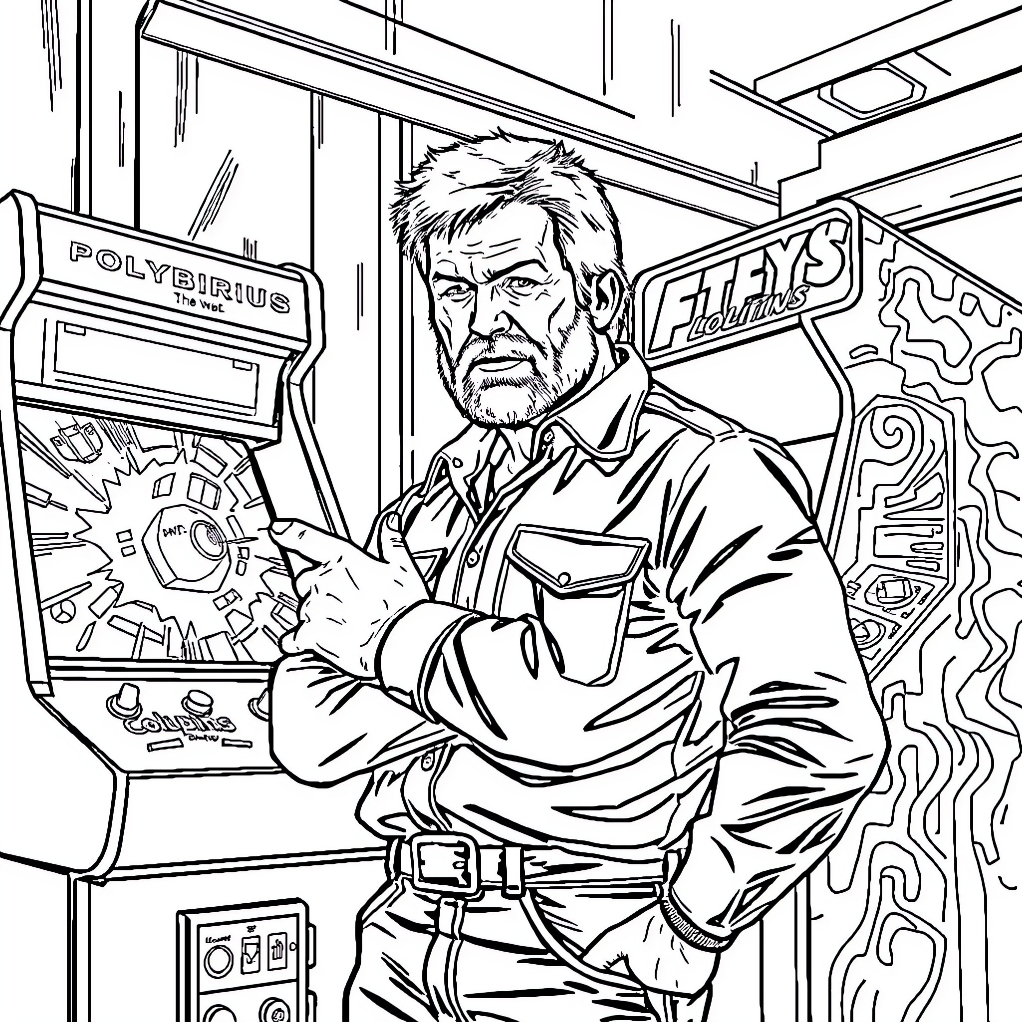 Chuck Norris Kicks Arcade Machine in Retro Gaming Scene Coloring Page (free black-and-white line drawing printable PDF for all, from beginners to advanced learners, including children, teens, adults, and seniors)