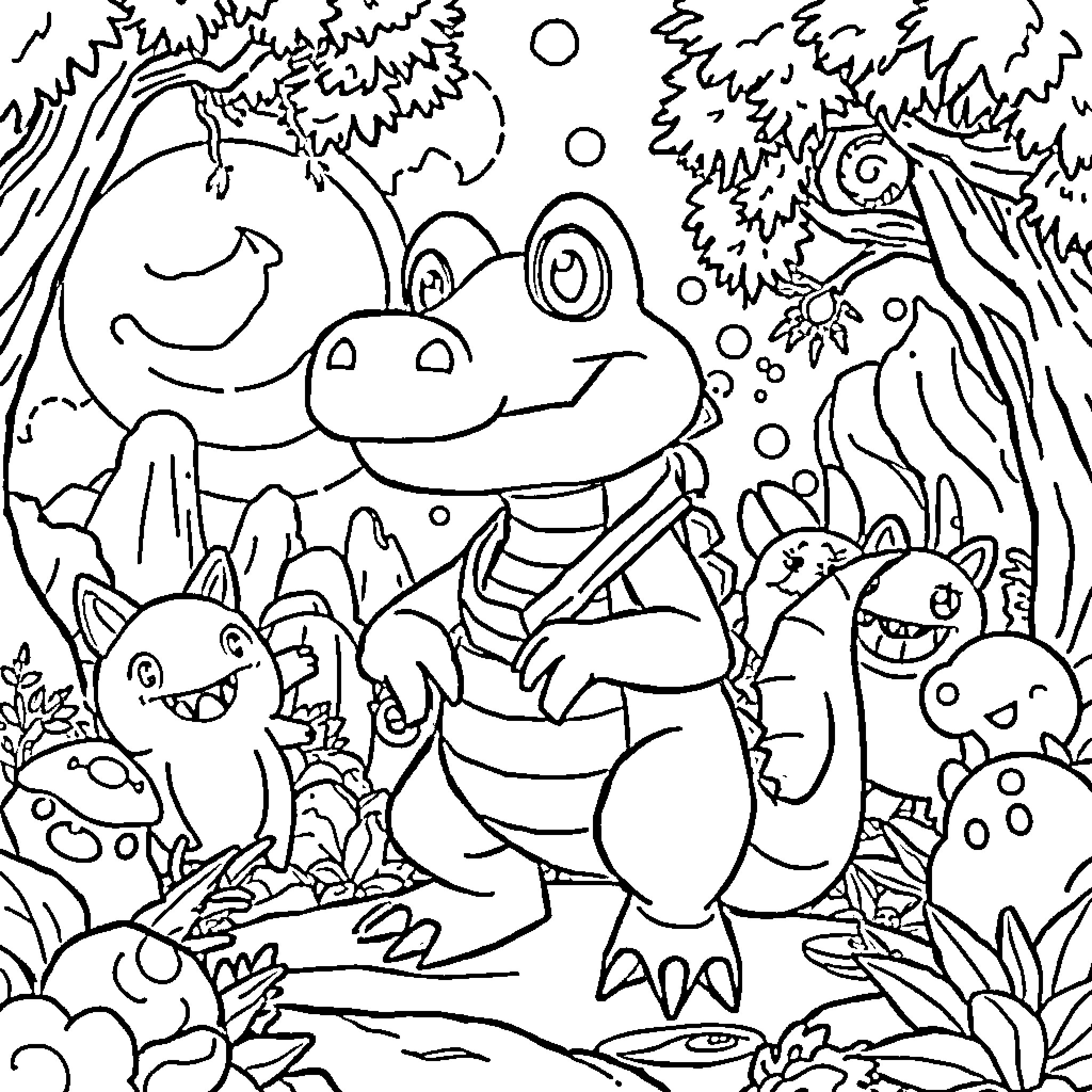Croc and Friends Explore the Whimsical Forest Coloring Page (free black-and-white line drawing printable PDF for all, from beginners to advanced learners, including children, teens, adults, and seniors)
