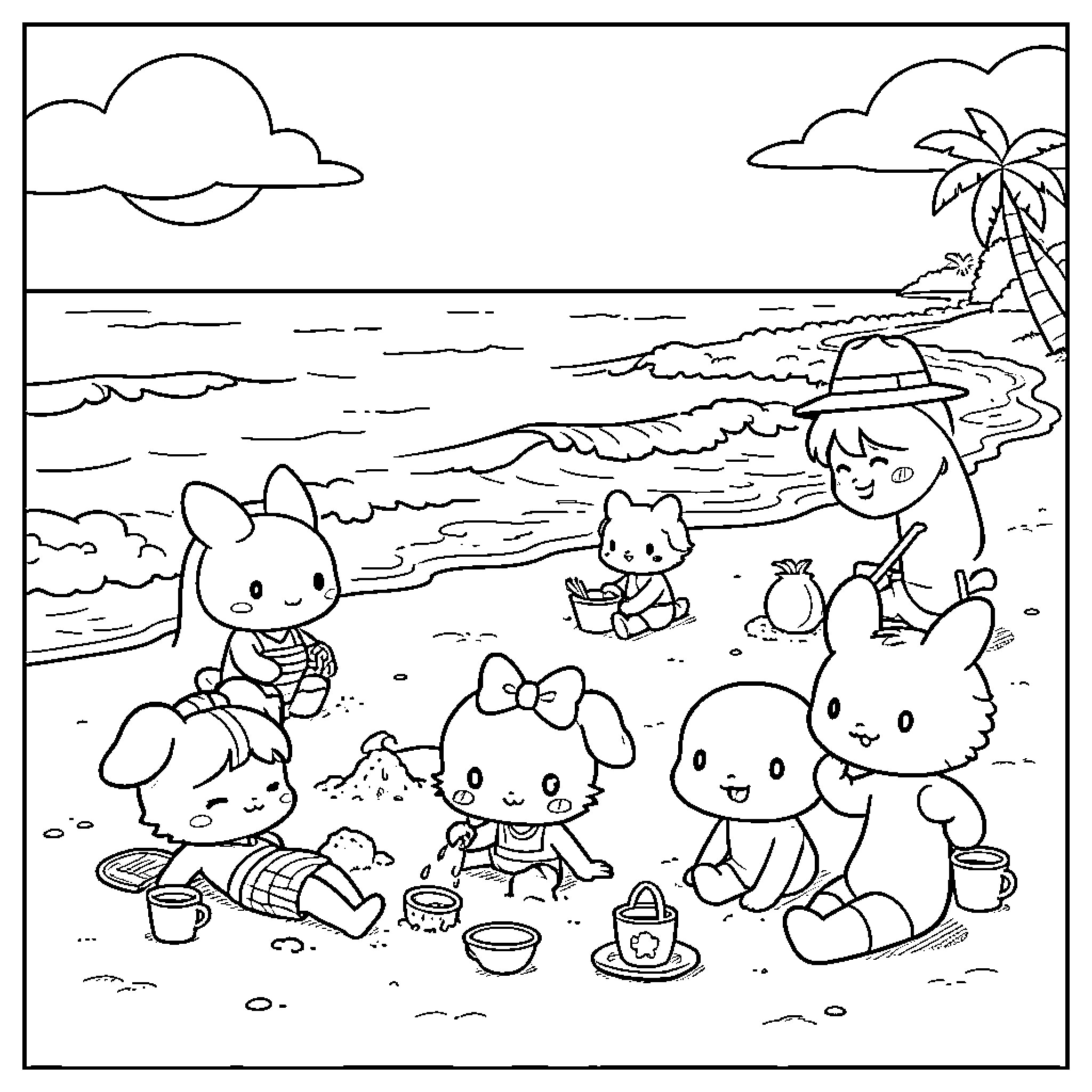 Sanrio characters enjoying a fun day at the beach Coloring Page (free black-and-white line drawing printable PDF for all, from beginners to advanced learners, including children, teens, adults, and seniors)