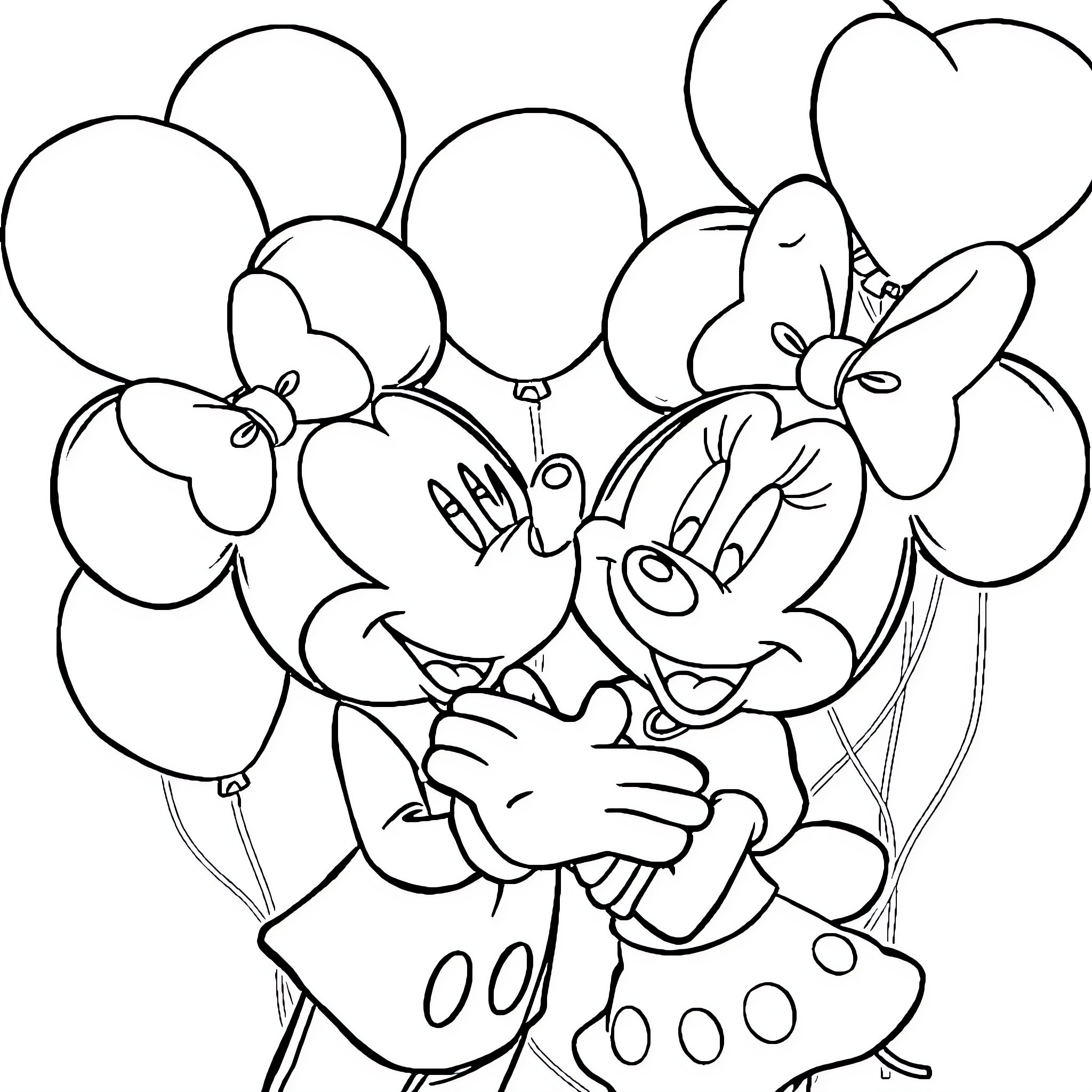 Mickey Mouse and Minnie Mouse hugging with balloons Coloring Page (free black-and-white line drawing printable PDF for all, from beginners to advanced learners, including children, teens, adults, and seniors)