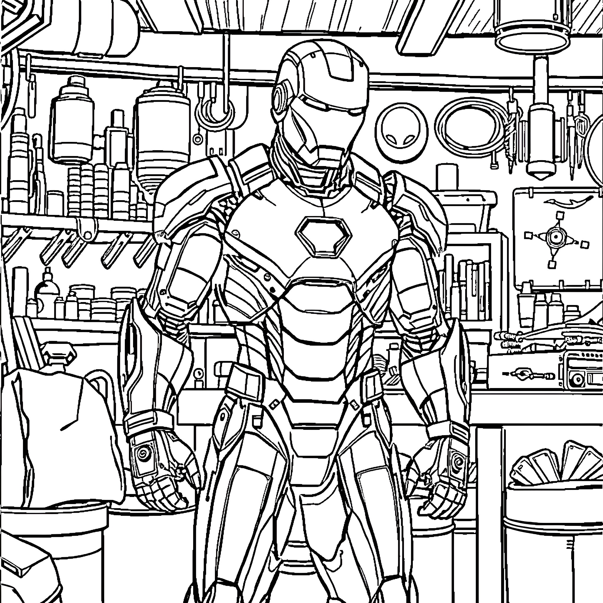 Iron Man in a High-Tech Workshop Coloring Page (free black-and-white line drawing printable PDF for all, from beginners to advanced learners, including children, teens, adults, and seniors)