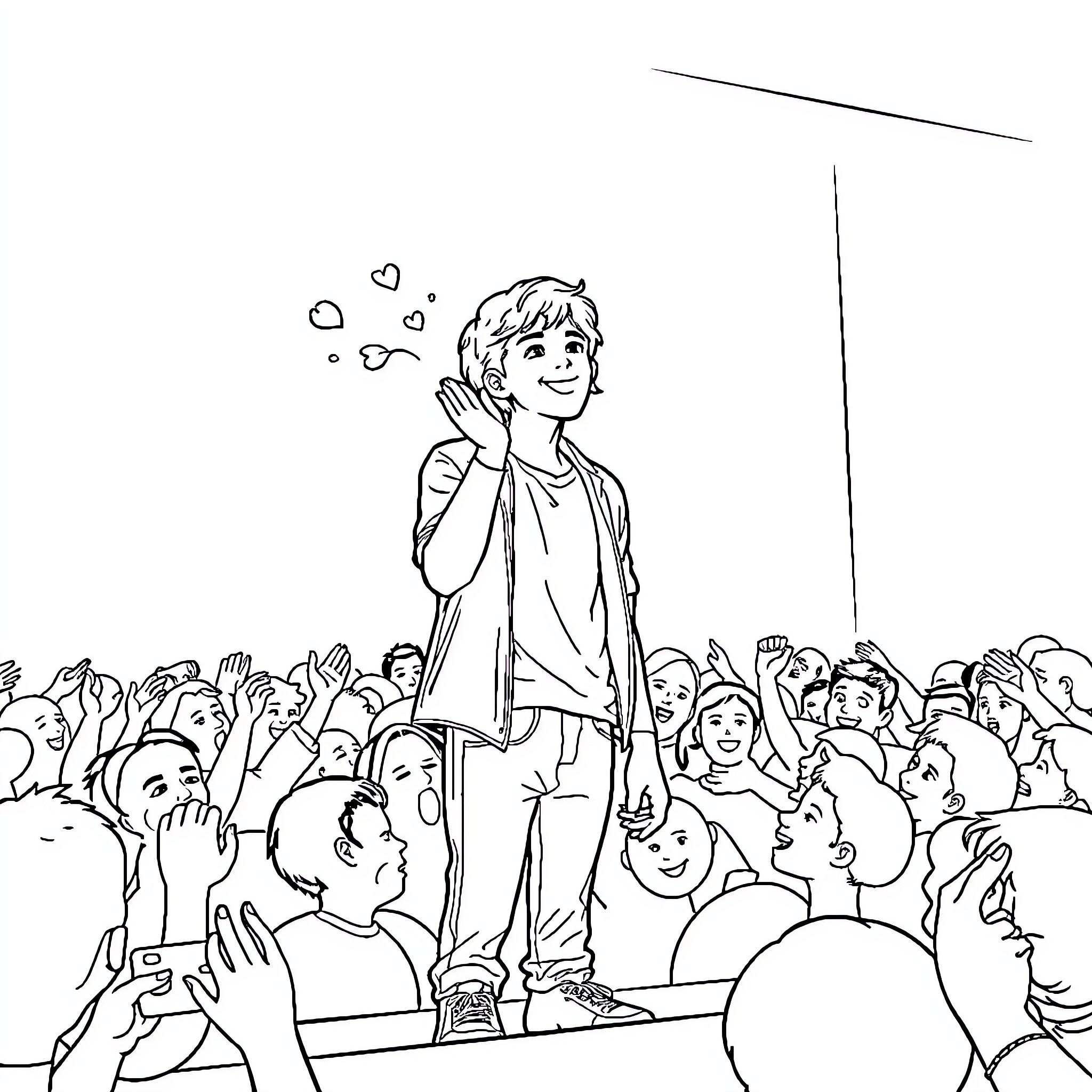 Finn Wolfhard interacting with a crowd of fans Coloring Page (free black-and-white line drawing printable PDF for all, from beginners to advanced learners, including children, teens, adults, and seniors)