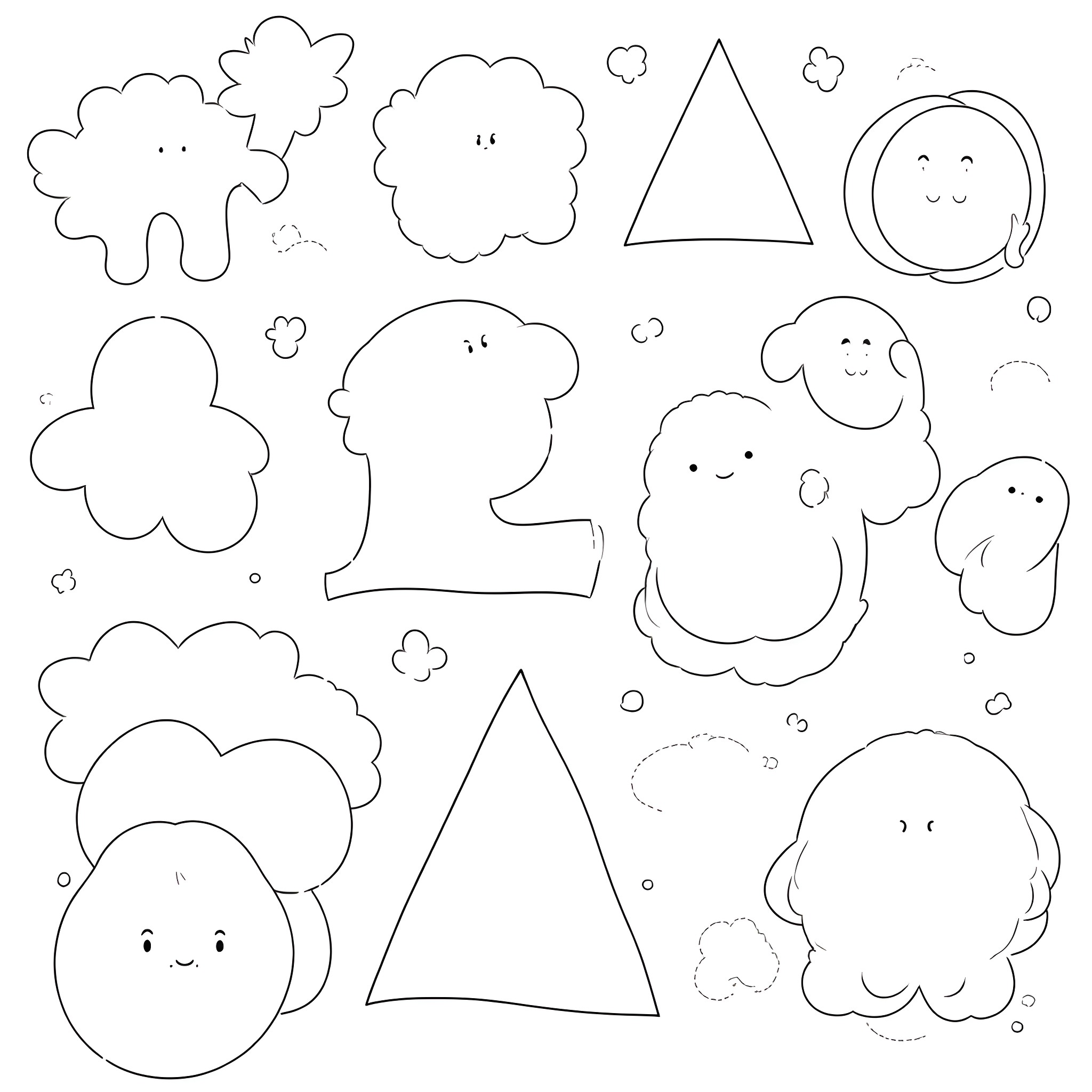 Shape-Filled Playful Creatures Coloring Page (free black-and-white line drawing printable PDF for all, from beginners to advanced learners, including children, teens, adults, and seniors)