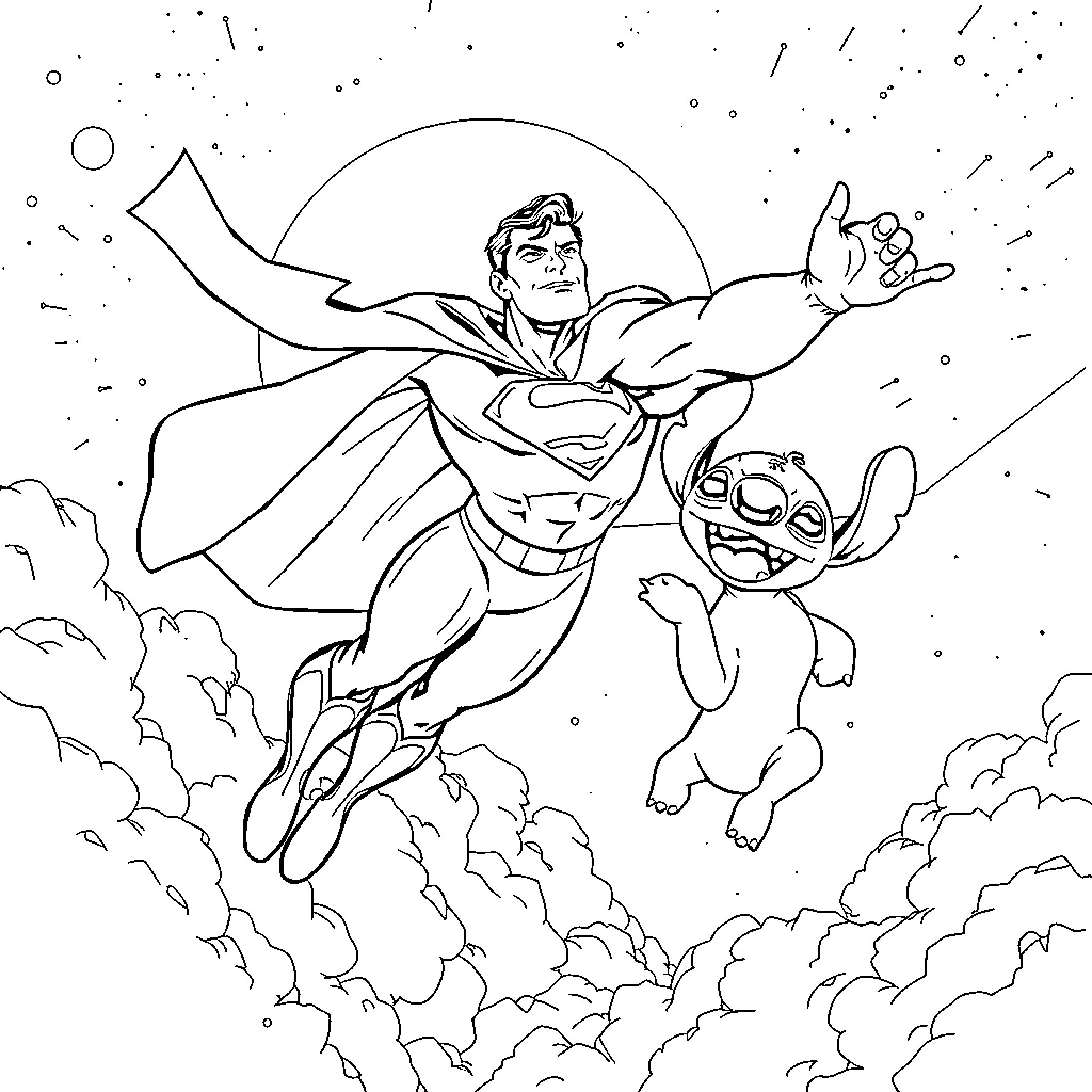 Superman and sidekick soaring through the sky Coloring Page (free black-and-white line drawing printable PDF for all, from beginners to advanced learners, including children, teens, adults, and seniors)