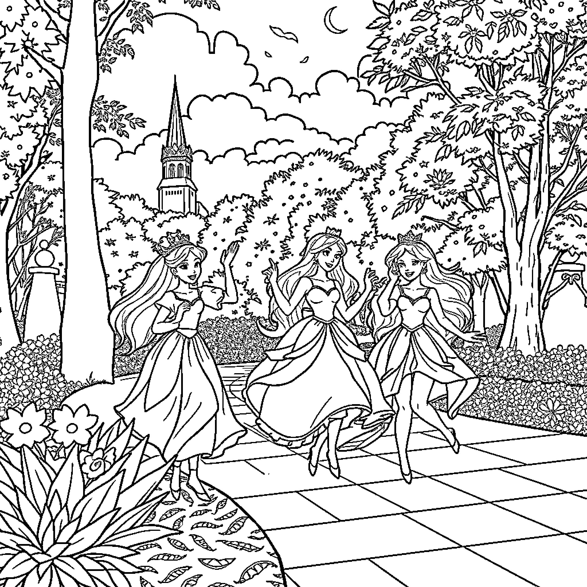 Princess Trio Dancing Joyfully in Enchanted Forest Coloring Page (free black-and-white line drawing printable PDF for all, from beginners to advanced learners, including children, teens, adults, and seniors)