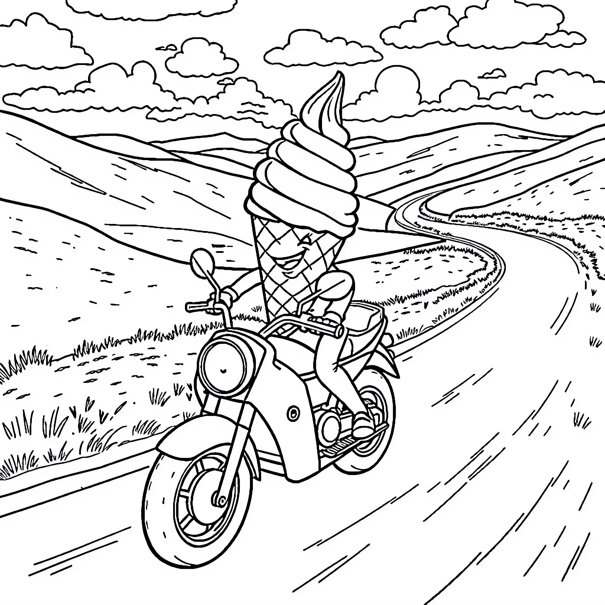 Ice Cream Ride on Winding Mountain Road Coloring Page (free black-and-white line drawing printable PDF for all, from beginners to advanced learners, including children, teens, adults, and seniors)