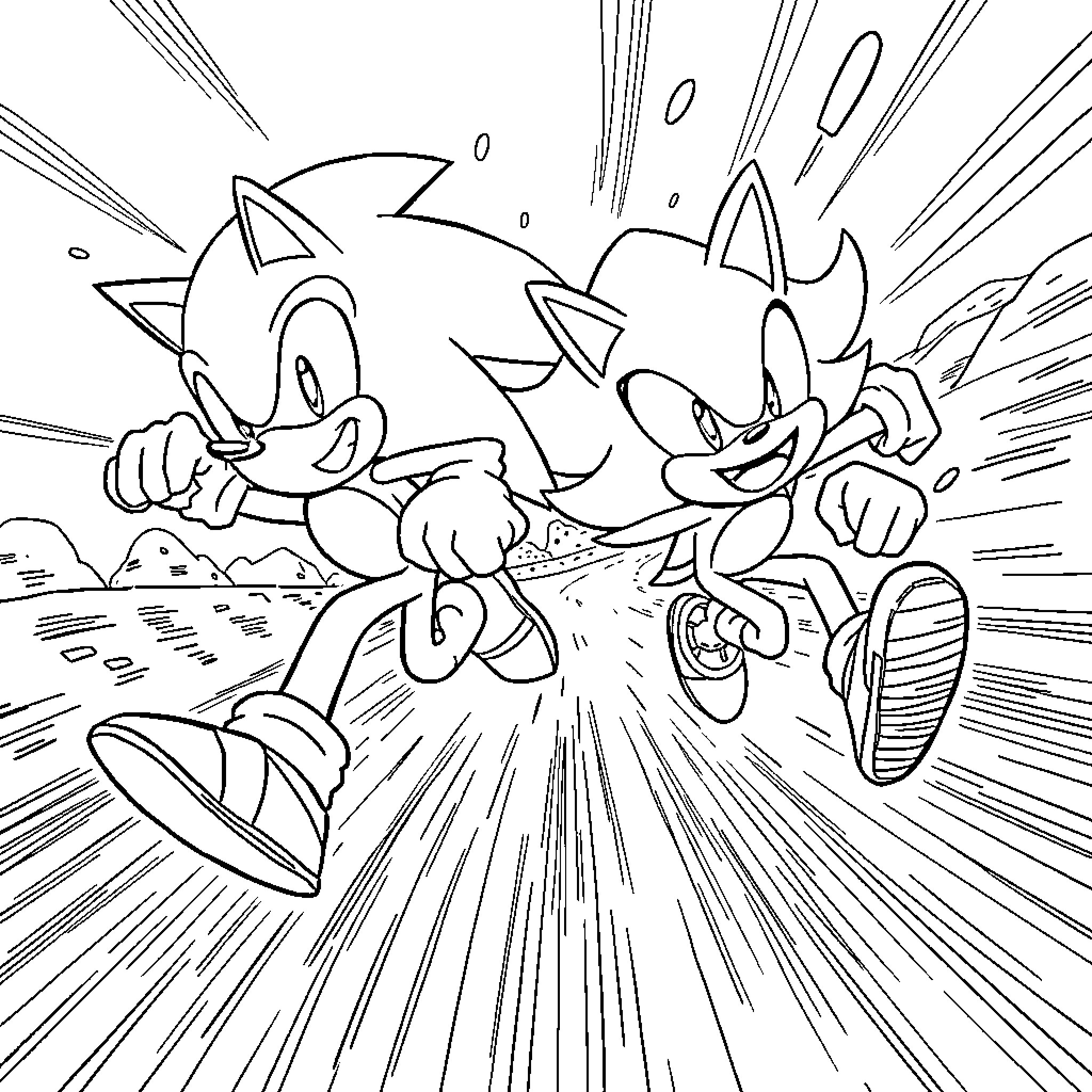 Sonic heroes racing through exciting adventure Coloring Page (free black-and-white line drawing printable PDF for all, from beginners to advanced learners, including children, teens, adults, and seniors)