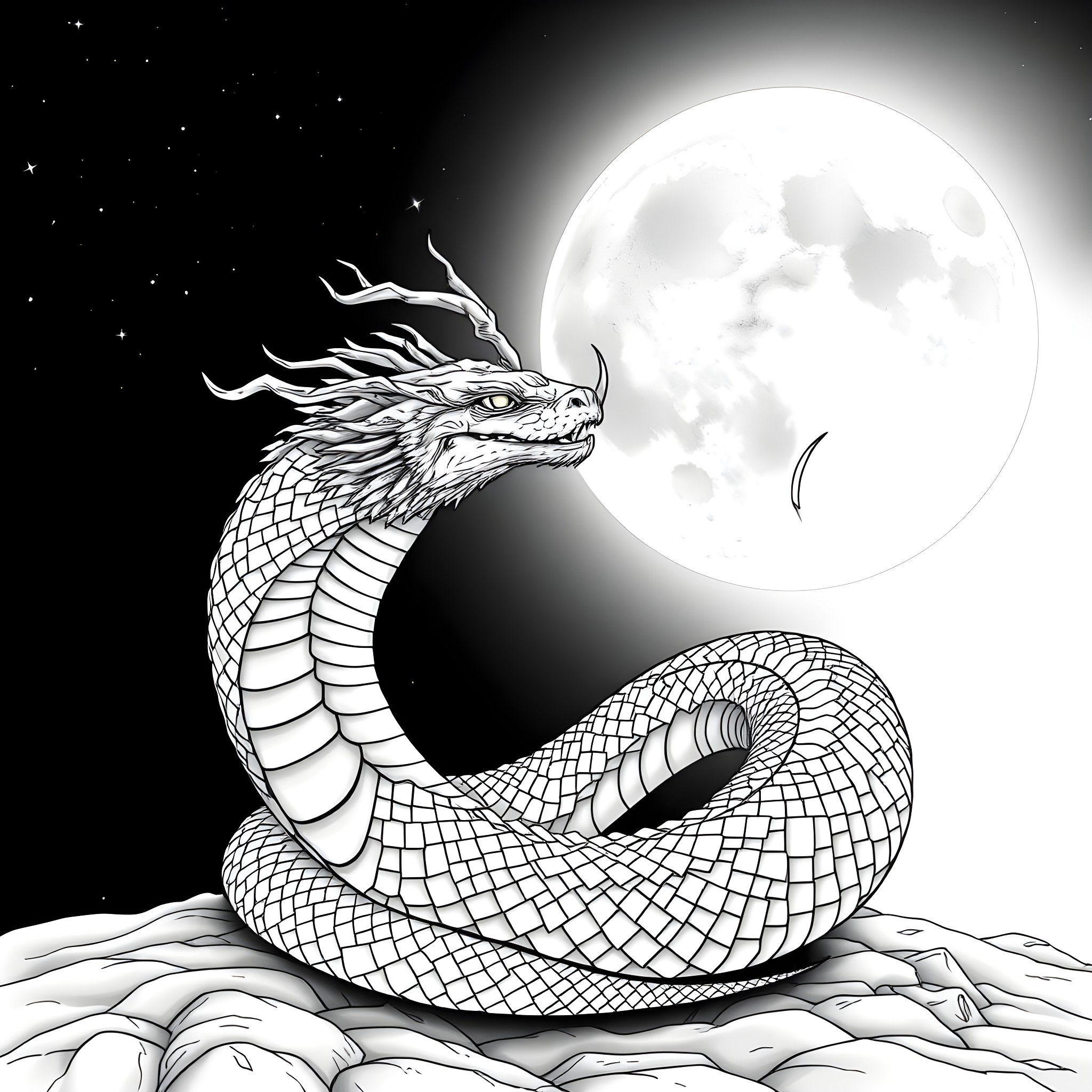Uktena, the Mystical Serpent Illuminated by the Moonlight Coloring Page (free black-and-white line drawing printable PDF for all, from beginners to advanced learners, including children, teens, adults, and seniors)