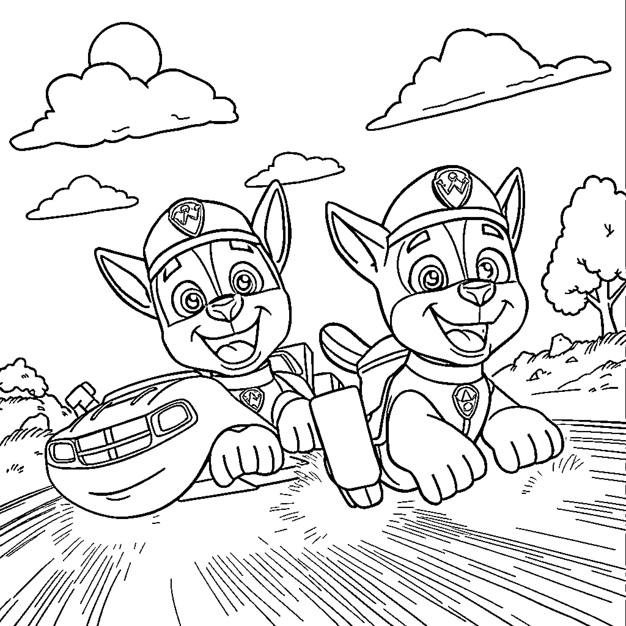 Chase through the park with patrol pups Coloring Page (free black-and-white line drawing printable PDF for all, from beginners to advanced learners, including children, teens, adults, and seniors)