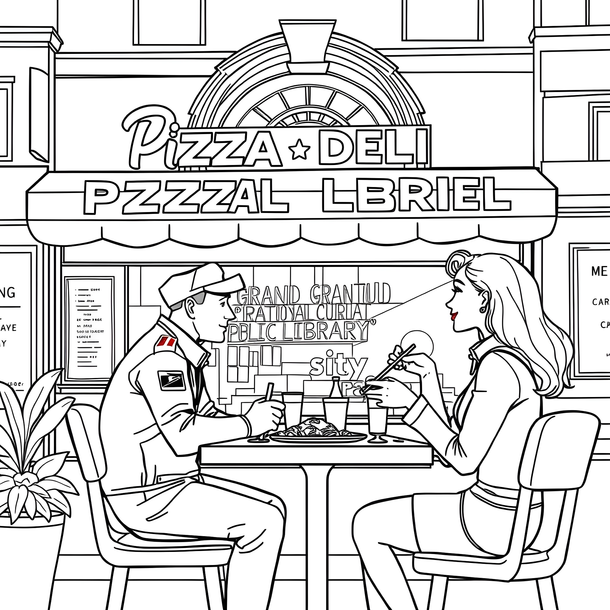 Couple enjoying a meal at the Pizza Deli Coloring Page (free black-and-white line drawing printable PDF for all, from beginners to advanced learners, including children, teens, adults, and seniors)