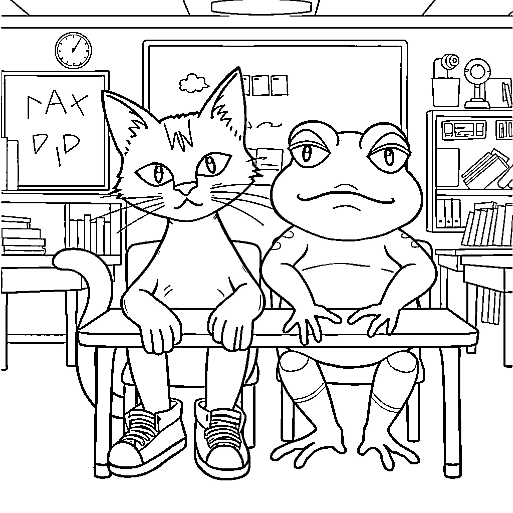Pete the Cat and Frog in the Classroom Coloring Page (free black-and-white line drawing printable PDF for all, from beginners to advanced learners, including children, teens, adults, and seniors)