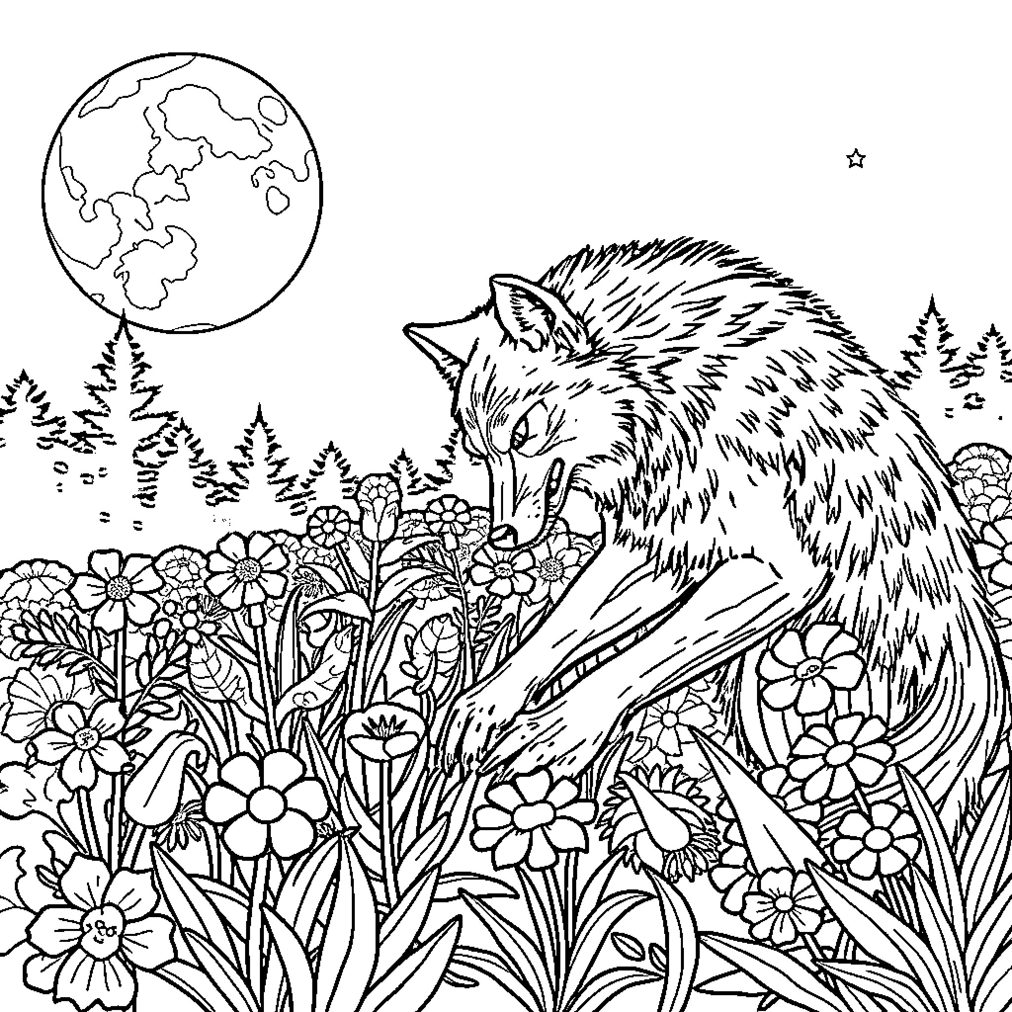 Werewolf Gazing at Moonlit Forest Landscape Coloring Page (free black-and-white line drawing printable PDF for all, from beginners to advanced learners, including children, teens, adults, and seniors)