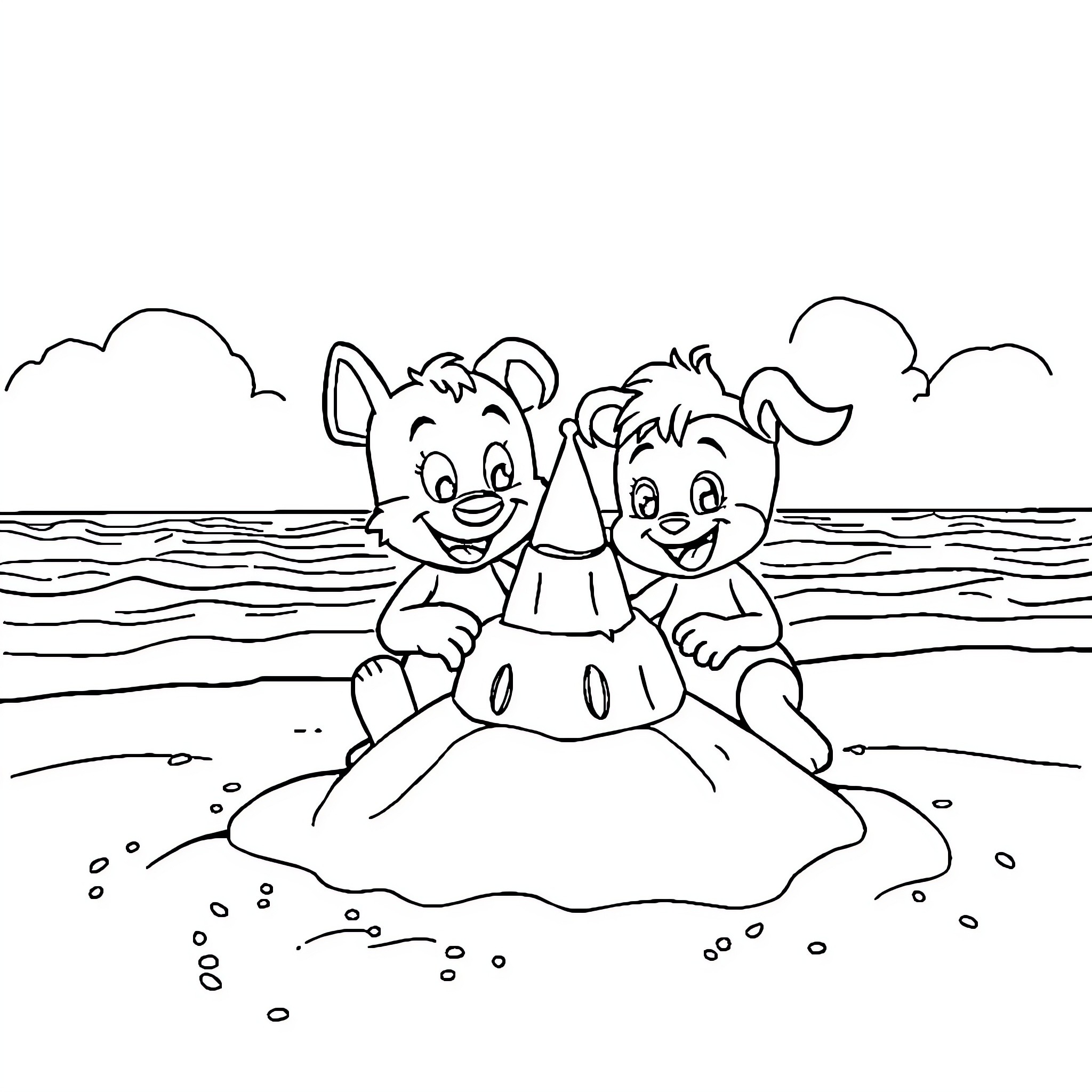 Bluey and Bingo playing in the waves Coloring Page (free black-and-white line drawing printable PDF for all, from beginners to advanced learners, including children, teens, adults, and seniors)