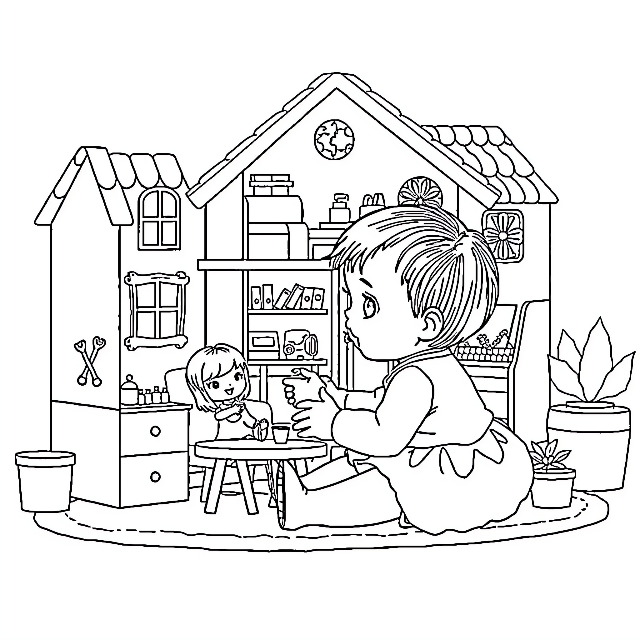 Baby Enjoys Playtime in a Cozy Home Coloring Page (free black-and-white line drawing printable PDF for all, from beginners to advanced learners, including children, teens, adults, and seniors)
