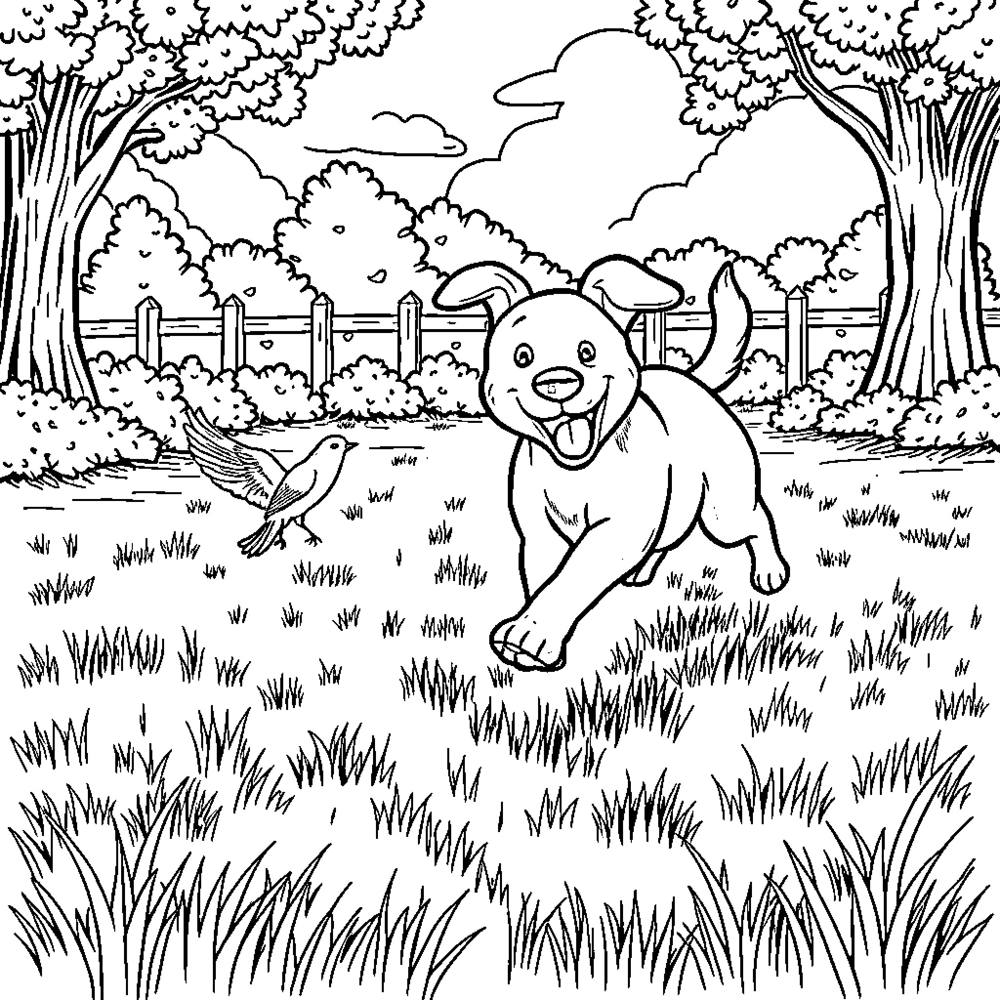 Dog playing joyfully in a lush forest landscape Coloring Page (free black-and-white line drawing printable PDF for all, from beginners to advanced learners, including children, teens, adults, and seniors)