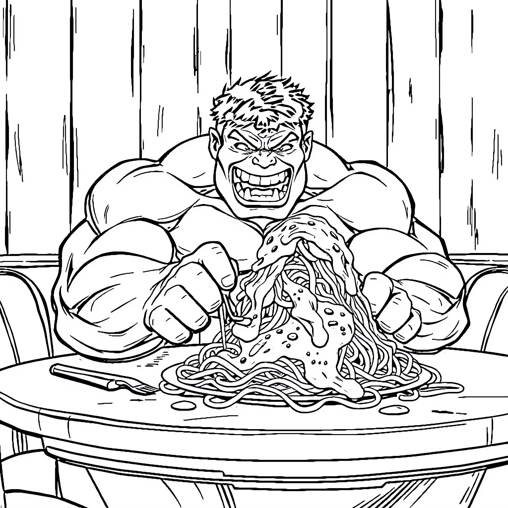 Hulk Devouring Spaghetti Aggressively Coloring Page (free black-and-white line drawing printable PDF for all, from beginners to advanced learners, including children, teens, adults, and seniors)