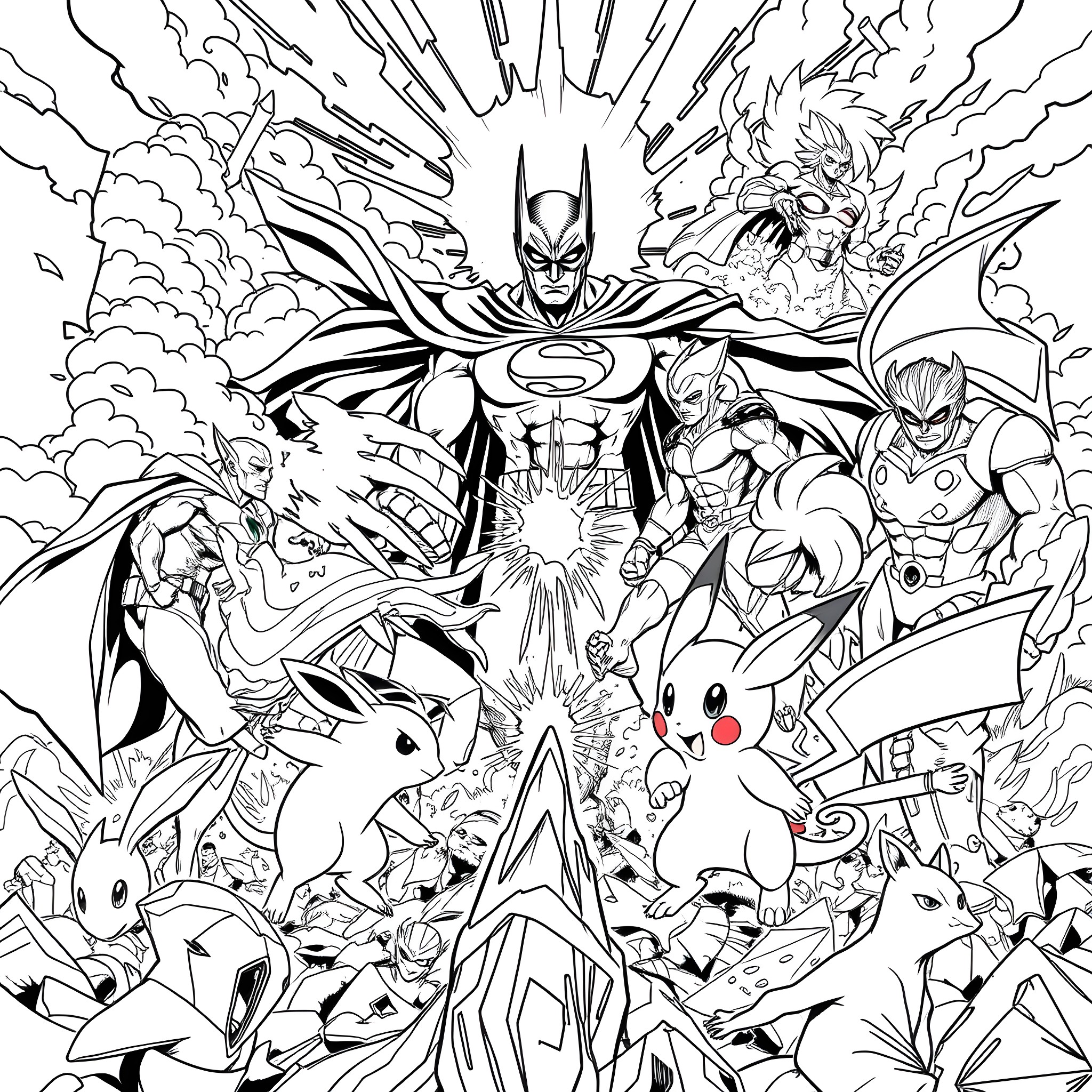 DC Superheroes and Pokemon in Epic Battle Coloring Page (free black-and-white line drawing printable PDF for all, from beginners to advanced learners, including children, teens, adults, and seniors)