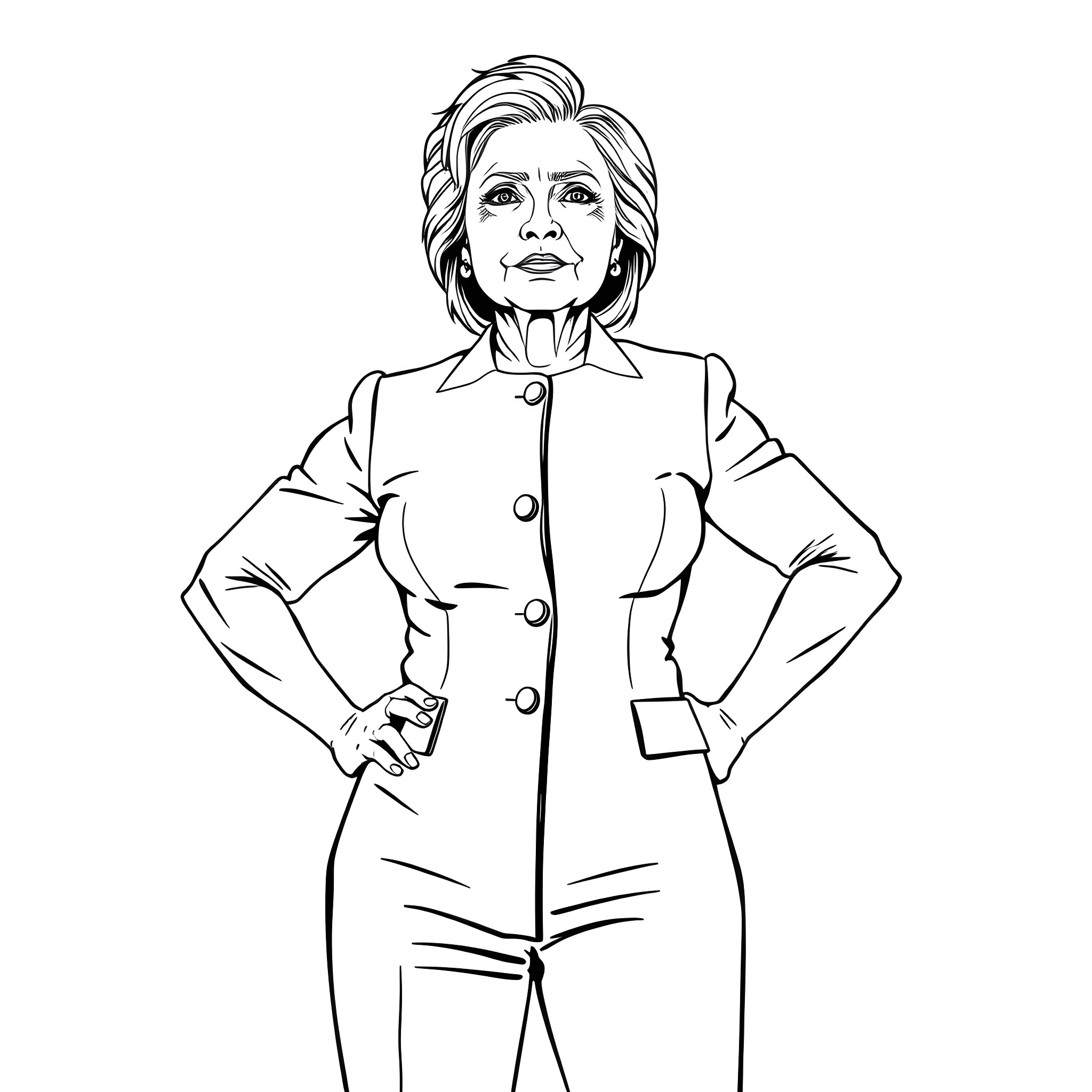 Hillary Clinton posing confidently in formal attire Coloring Page (free black-and-white line drawing printable PDF for all, from beginners to advanced learners, including children, teens, adults, and seniors)