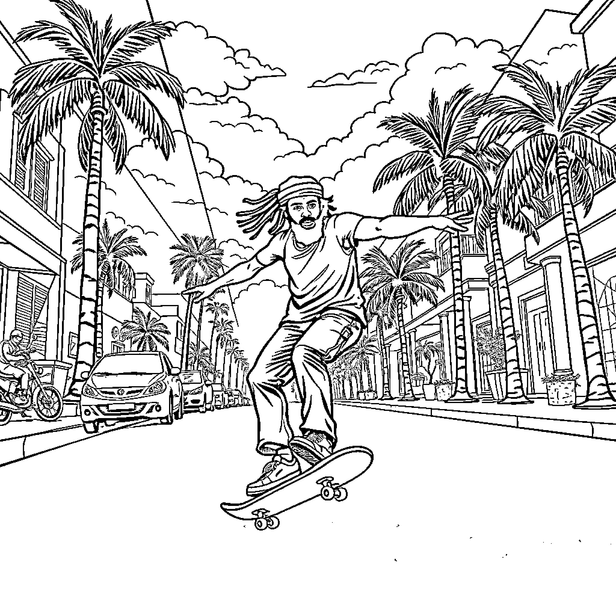 Rasta Man Skateboarding in Tropical Paradise Coloring Page (free black-and-white line drawing printable PDF for all, from beginners to advanced learners, including children, teens, adults, and seniors)