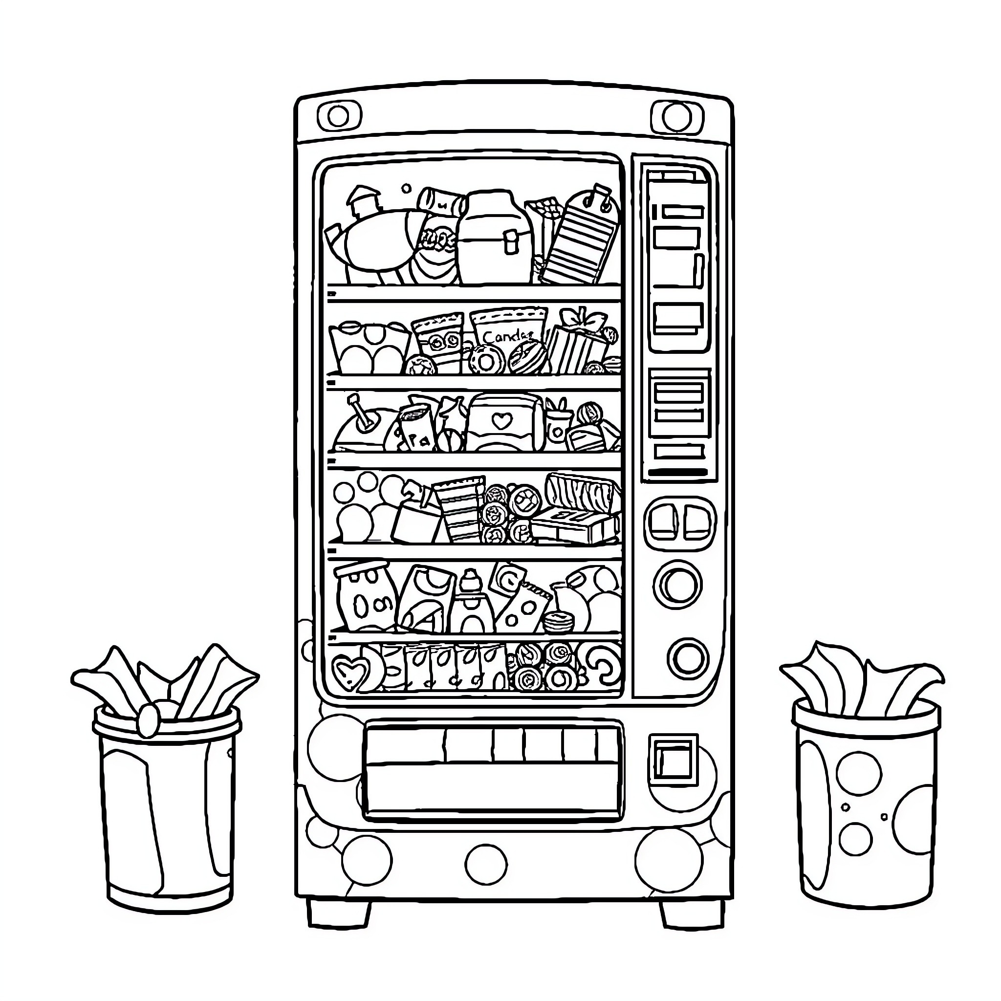Vending Machine Stocked with Various Snacks and Goods Coloring Page (free black-and-white line drawing printable PDF for all, from beginners to advanced learners, including children, teens, adults, and seniors)