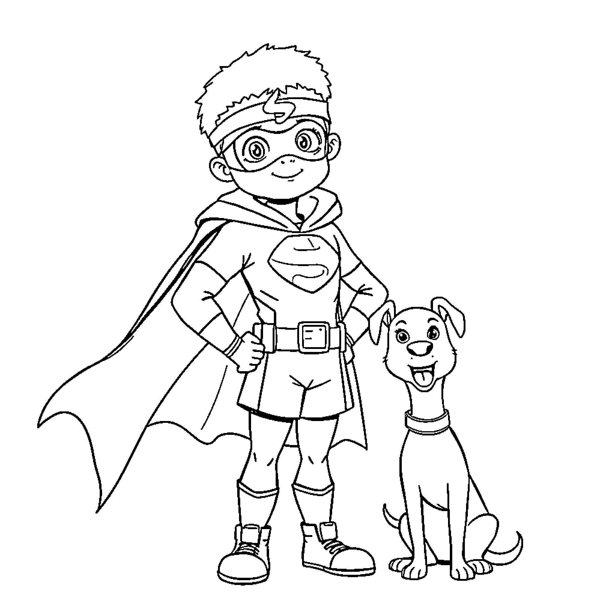 Superhero Boy and His Loyal Dog Sidekick Coloring Page (free black-and-white line drawing printable PDF for all, from beginners to advanced learners, including children, teens, adults, and seniors)