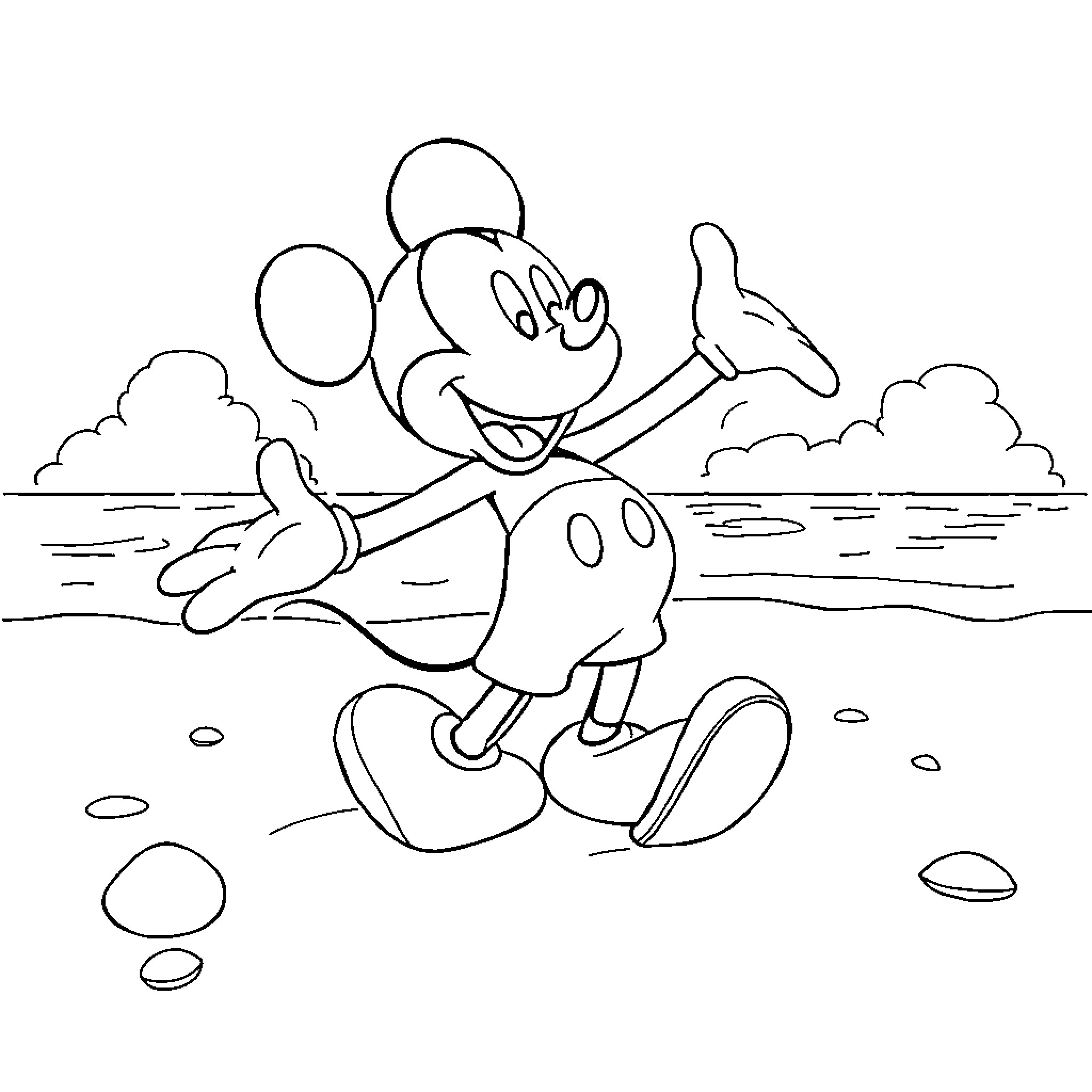 Mickey dancing joyfully in the outdoors Coloring Page (free black-and-white line drawing printable PDF for all, from beginners to advanced learners, including children, teens, adults, and seniors)