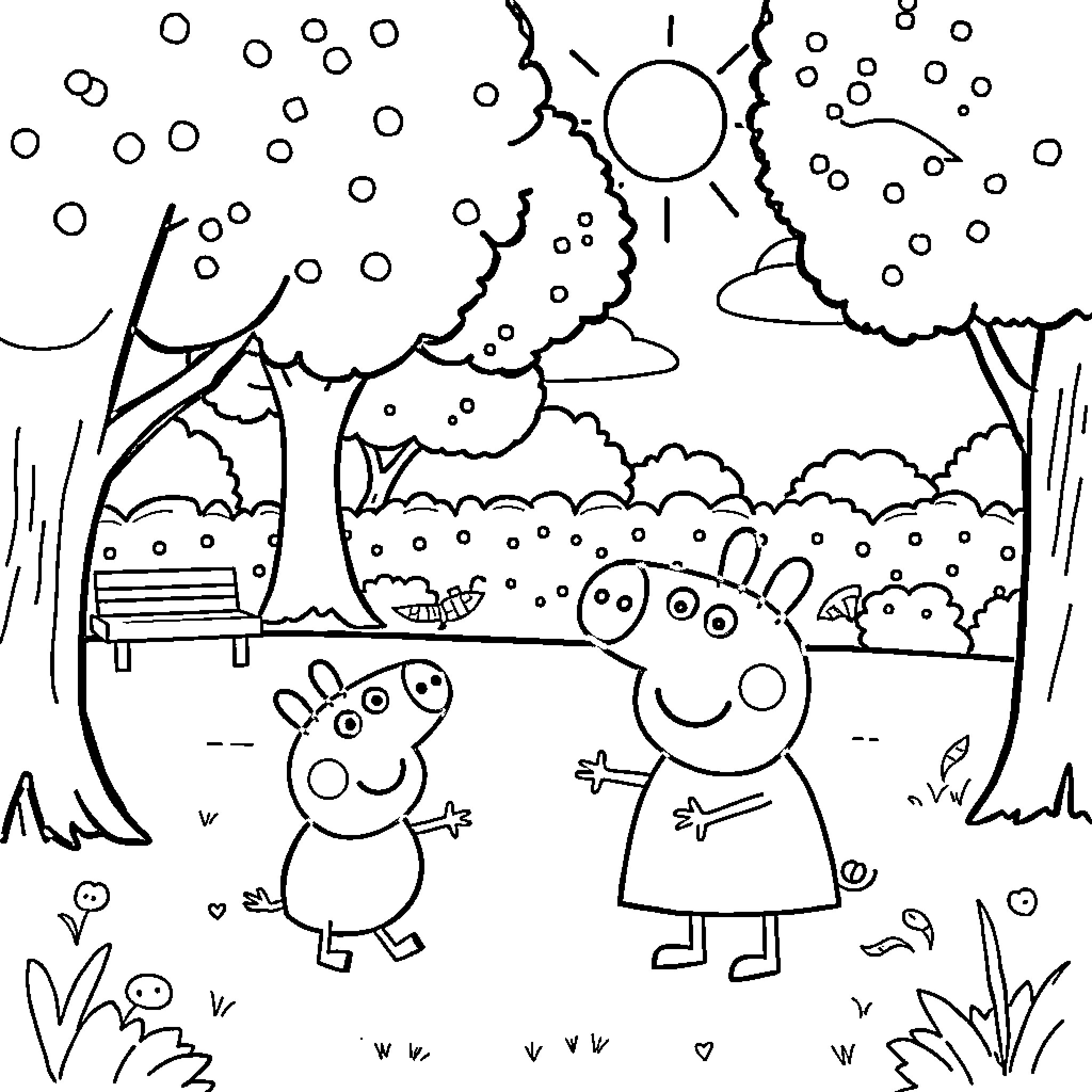 Peppa Pig enjoying a sunny day in the park Coloring Page (free black-and-white line drawing printable PDF for all, from beginners to advanced learners, including children, teens, adults, and seniors)
