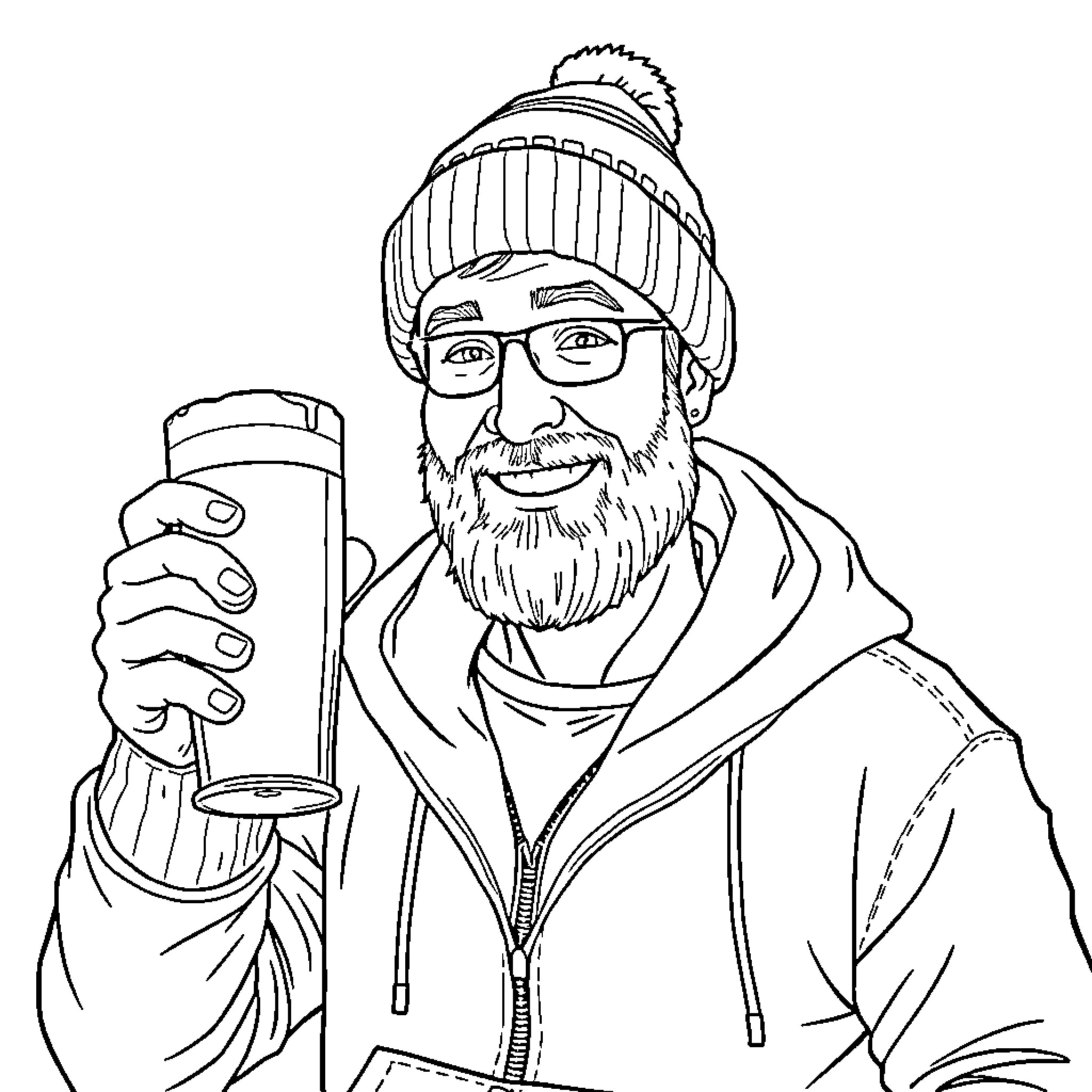 Steve enjoying a warm beverage in cold weather Coloring Page (free black-and-white line drawing printable PDF for all, from beginners to advanced learners, including children, teens, adults, and seniors)
