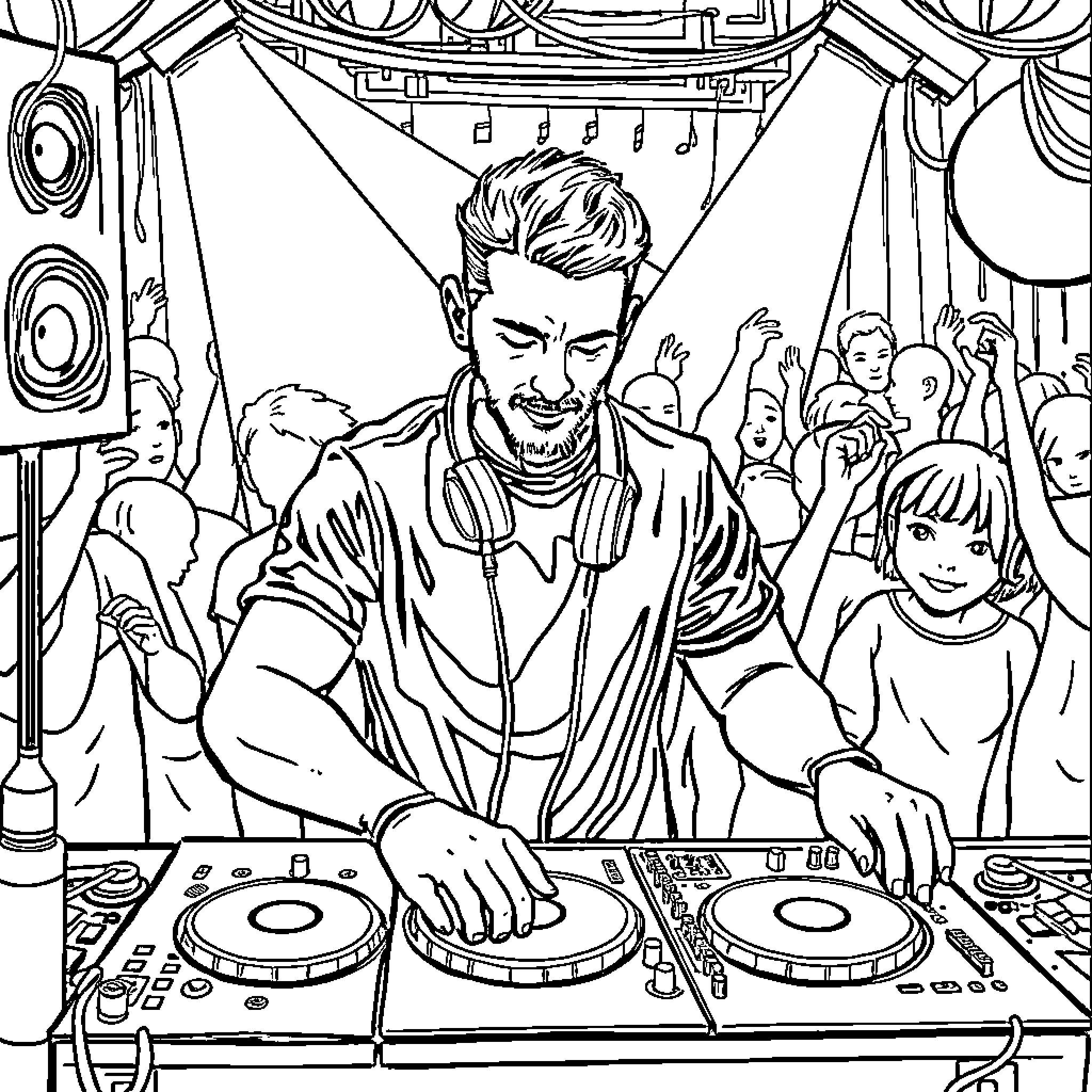 DJ Spinning Tunes for Lively Crowd Coloring Page (free black-and-white line drawing printable PDF for all, from beginners to advanced learners, including children, teens, adults, and seniors)