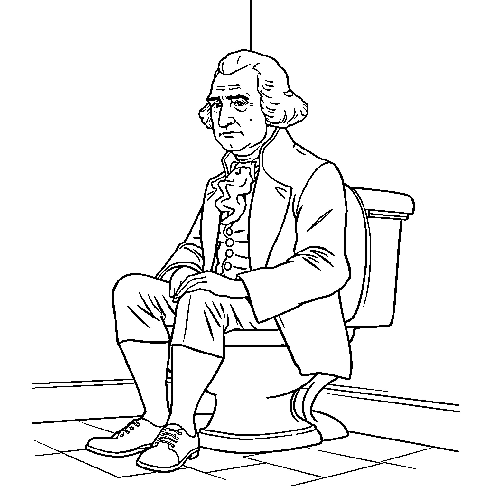 George Washington sitting in pensive pose Coloring Page (free black-and-white line drawing printable PDF for all, from beginners to advanced learners, including children, teens, adults, and seniors)