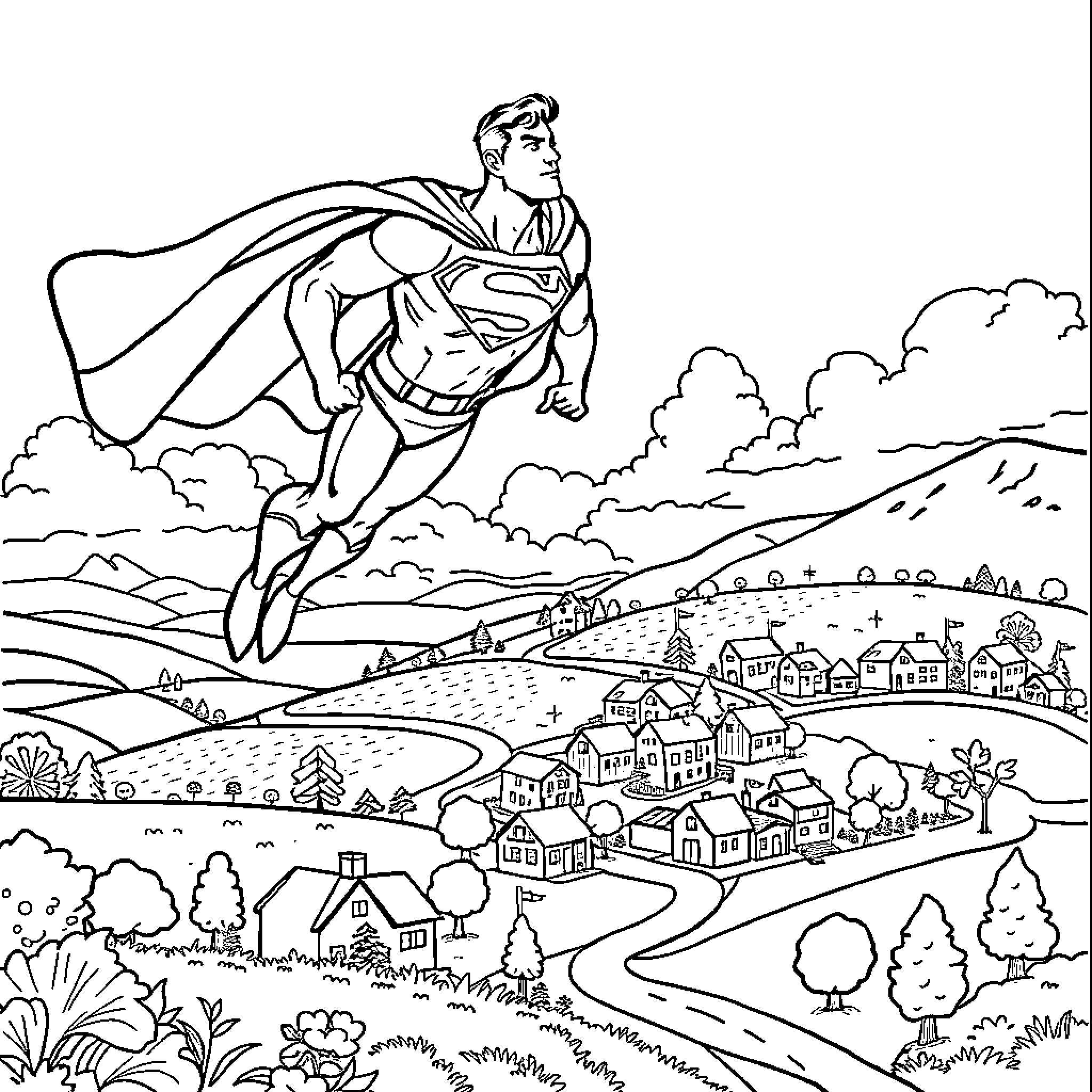Superman soaring over a peaceful town landscape Coloring Page (free black-and-white line drawing printable PDF for all, from beginners to advanced learners, including children, teens, adults, and seniors)