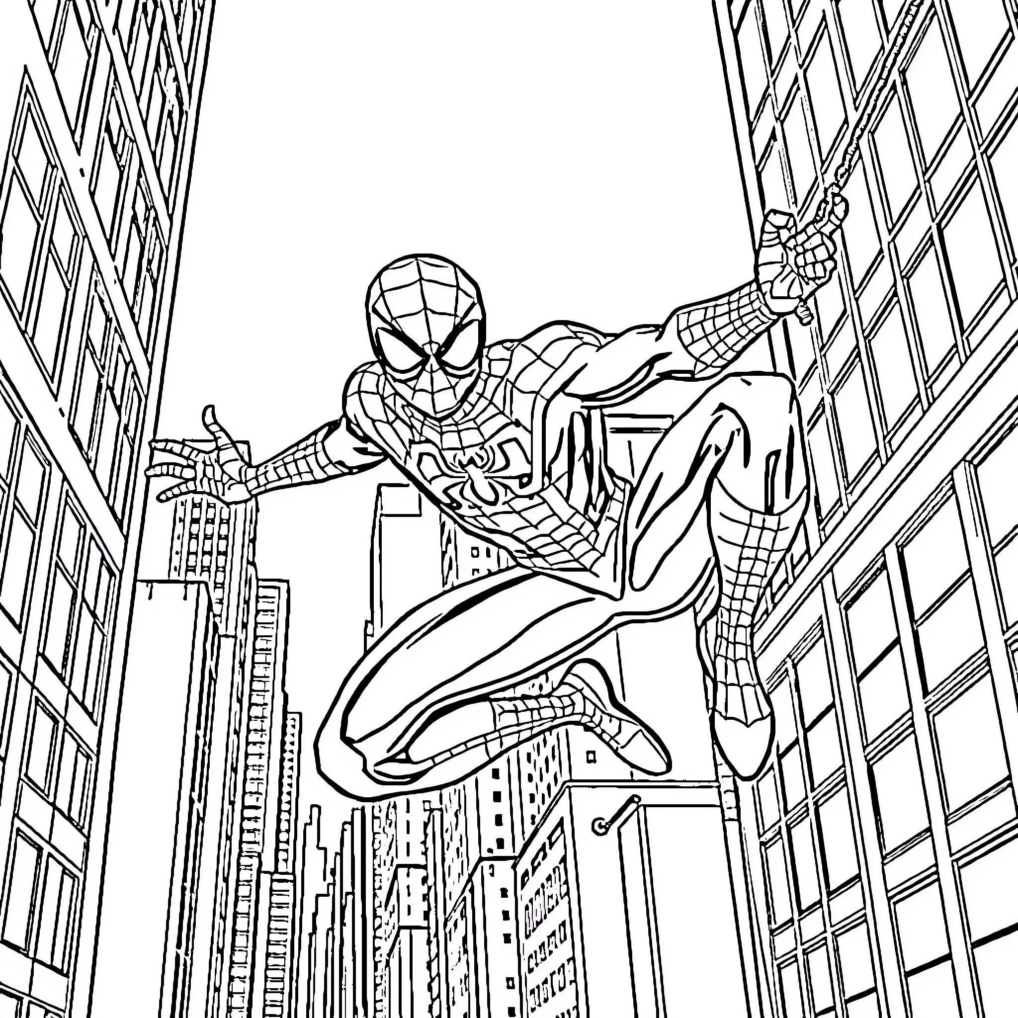 Spiderman swinging through the city skyline Coloring Page (free black-and-white line drawing printable PDF for all, from beginners to advanced learners, including children, teens, adults, and seniors)