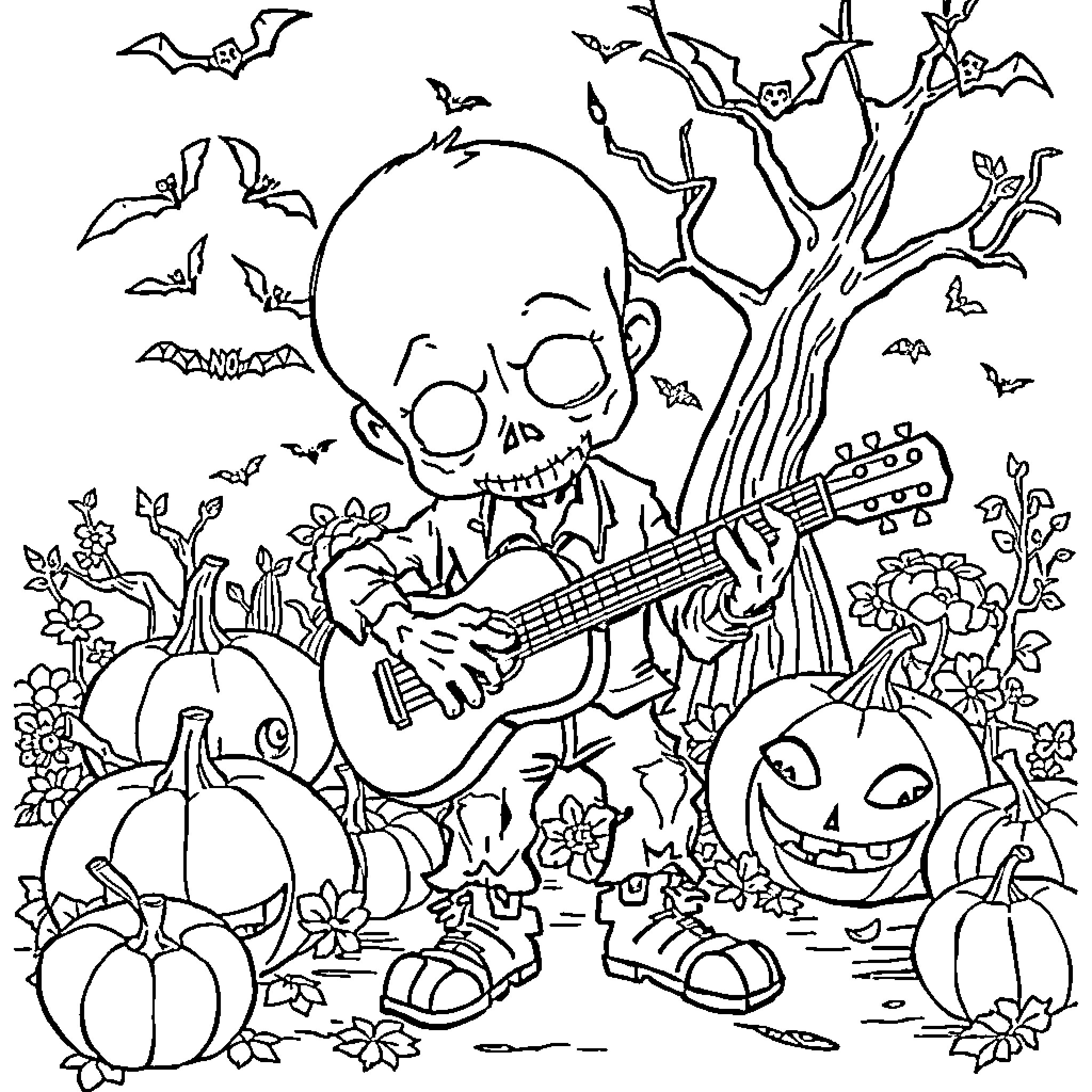 Zombie playing guitar in spooky Halloween scene Coloring Page (free black-and-white line drawing printable PDF for all, from beginners to advanced learners, including children, teens, adults, and seniors)