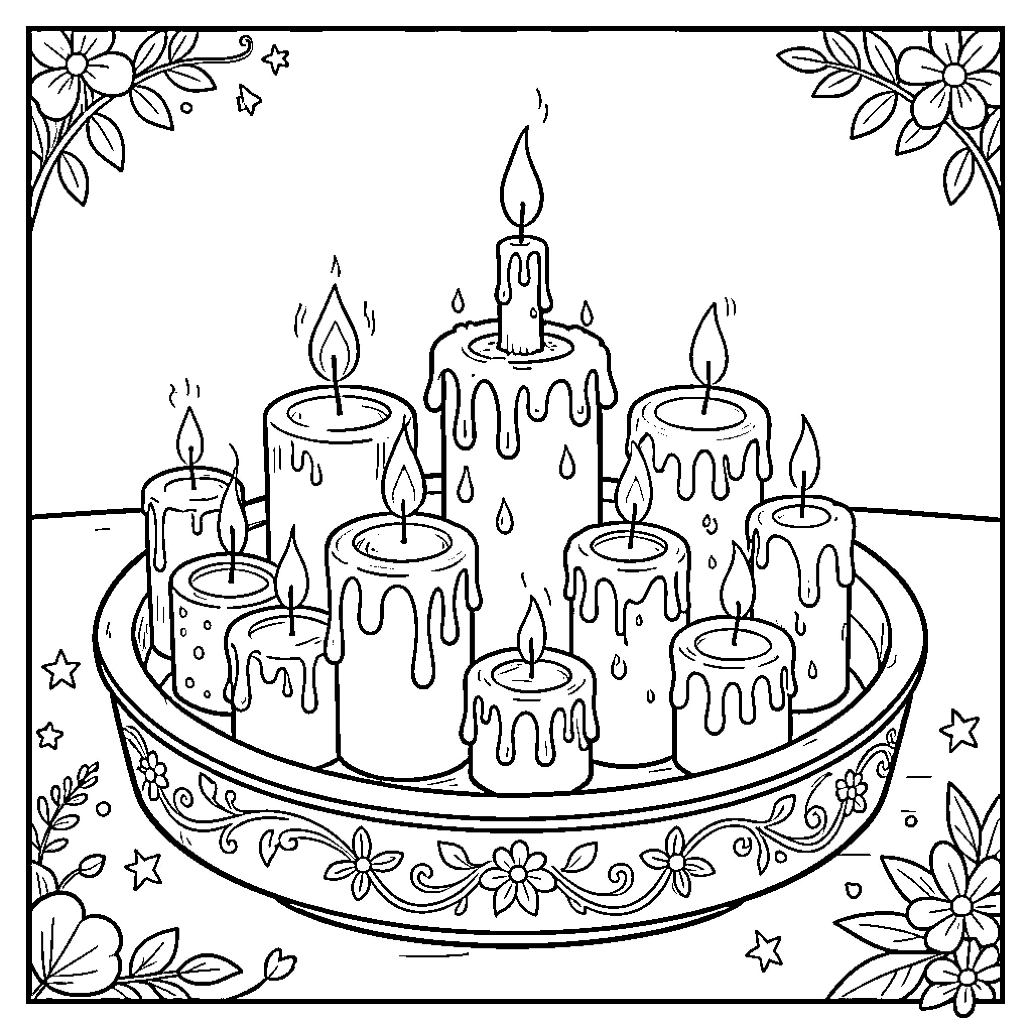 Candle-lit centerpiece with melting wax and floral accents Coloring Page (free black-and-white line drawing printable PDF for all, from beginners to advanced learners, including children, teens, adults, and seniors)