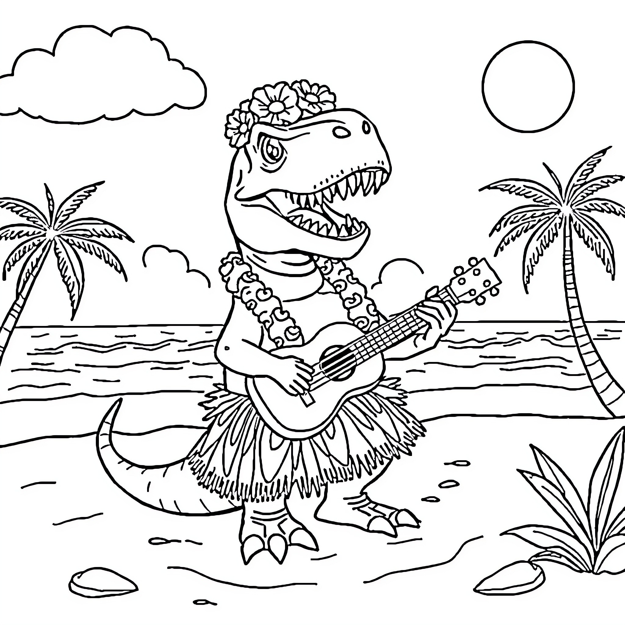 T-Rex playing guitar in tropical beach scene Coloring Page (free black-and-white line drawing printable PDF for all, from beginners to advanced learners, including children, teens, adults, and seniors)