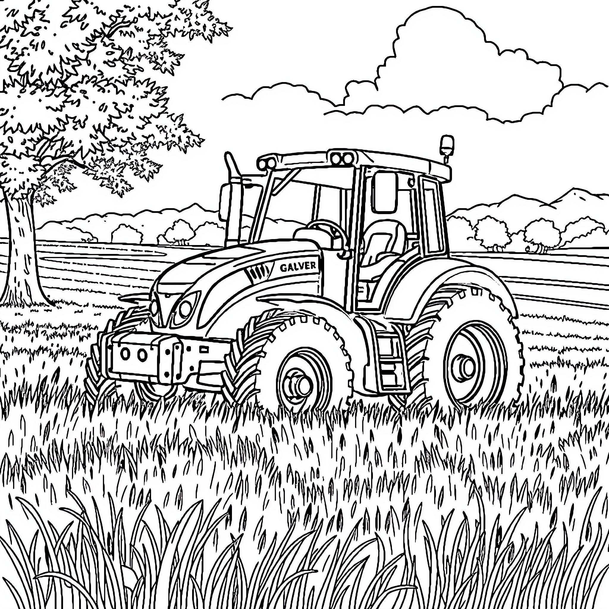 Tractor working in the countryside Coloring Page (free black-and-white line drawing printable PDF for all, from beginners to advanced learners, including children, teens, adults, and seniors)