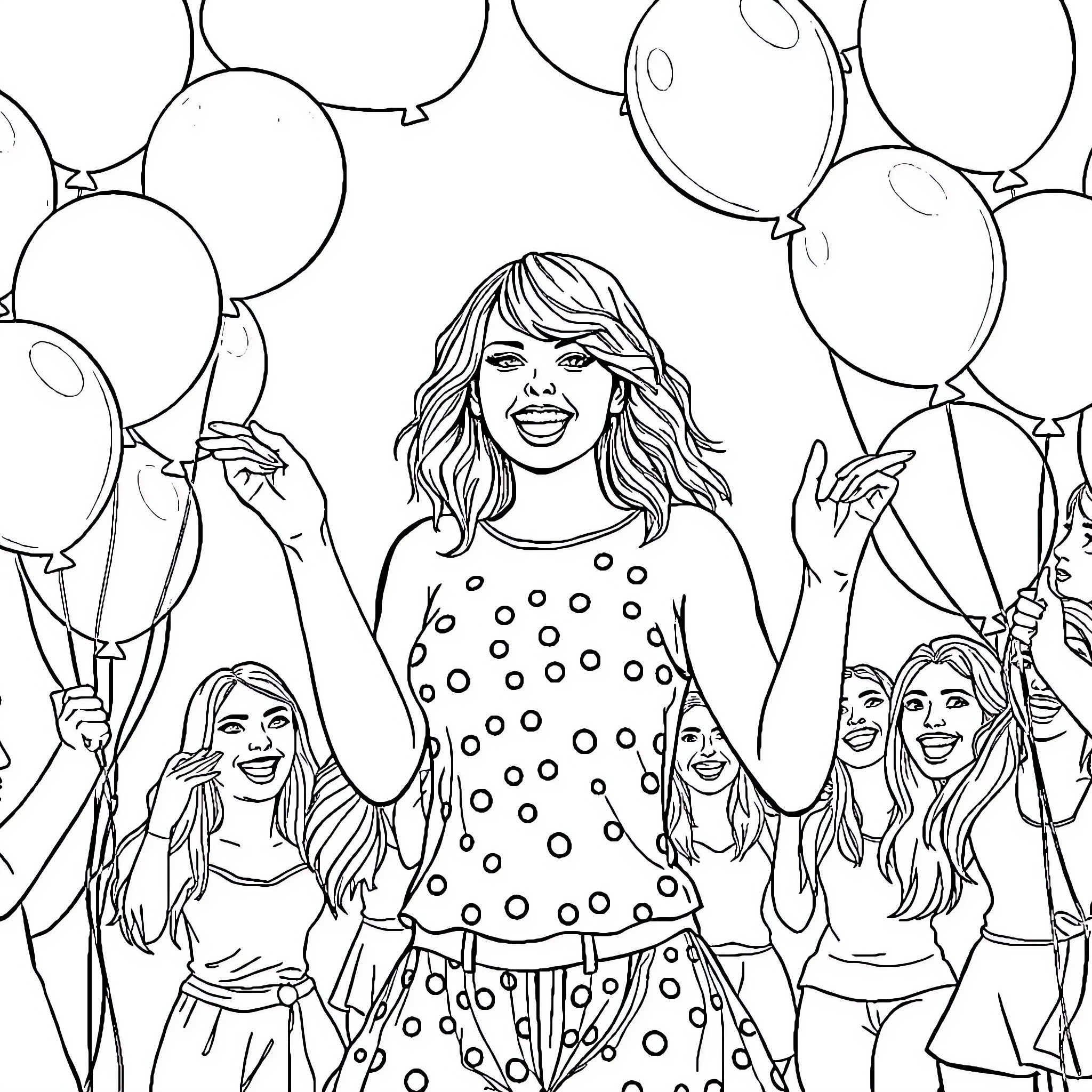 Taylor Swift celebrating with friends and balloons Coloring Page (free black-and-white line drawing printable PDF for all, from beginners to advanced learners, including children, teens, adults, and seniors)