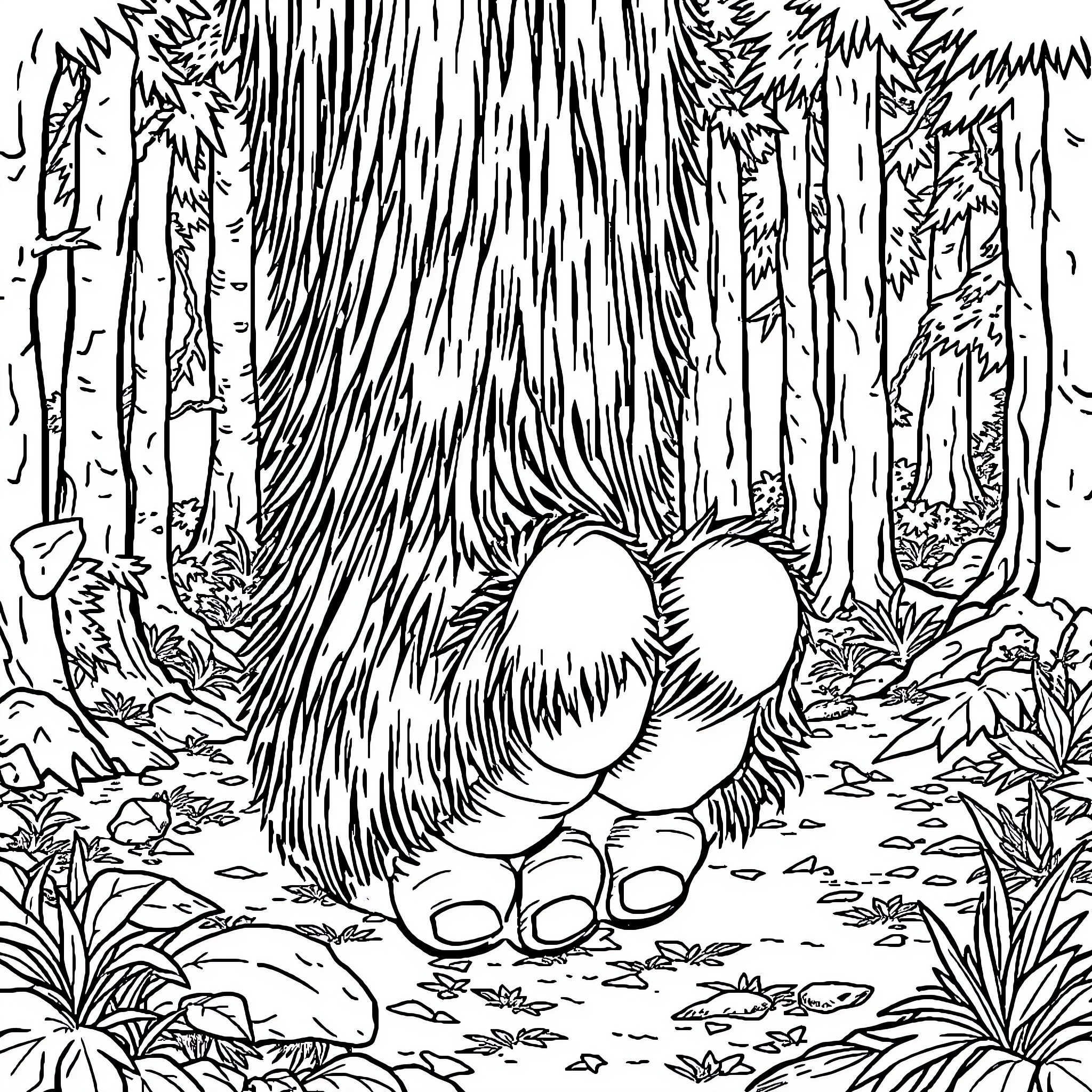 Bigfoot peeking out from dense forest foliage Coloring Page (free black-and-white line drawing printable PDF for all, from beginners to advanced learners, including children, teens, adults, and seniors)