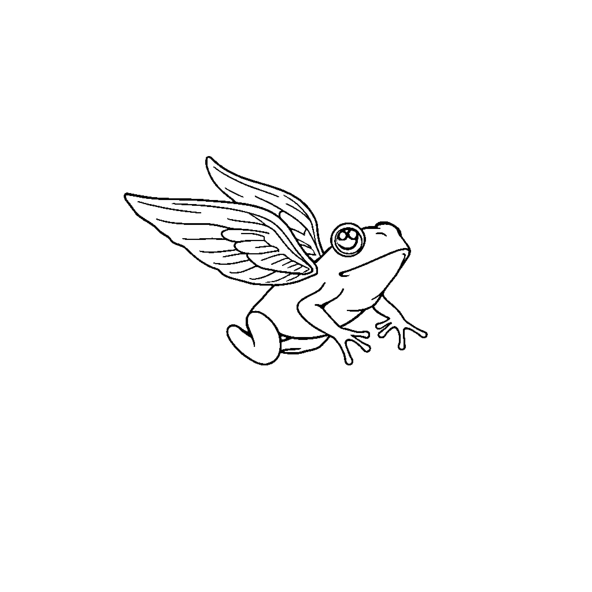 Frog with wings taking flight Coloring Page (free black-and-white line drawing printable PDF for all, from beginners to advanced learners, including children, teens, adults, and seniors)
