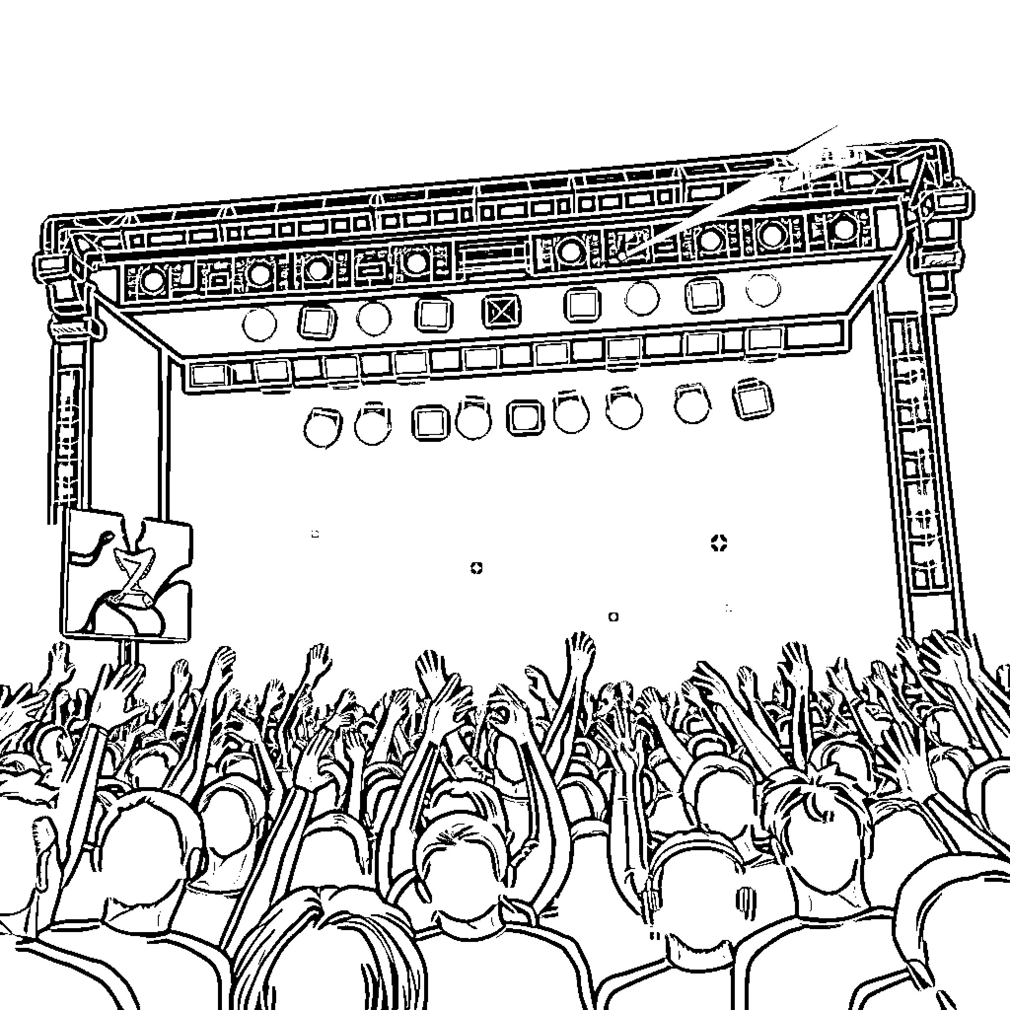 Kpop Concert with Energetic Crowd and Stage Coloring Page (free black-and-white line drawing printable PDF for all, from beginners to advanced learners, including children, teens, adults, and seniors)