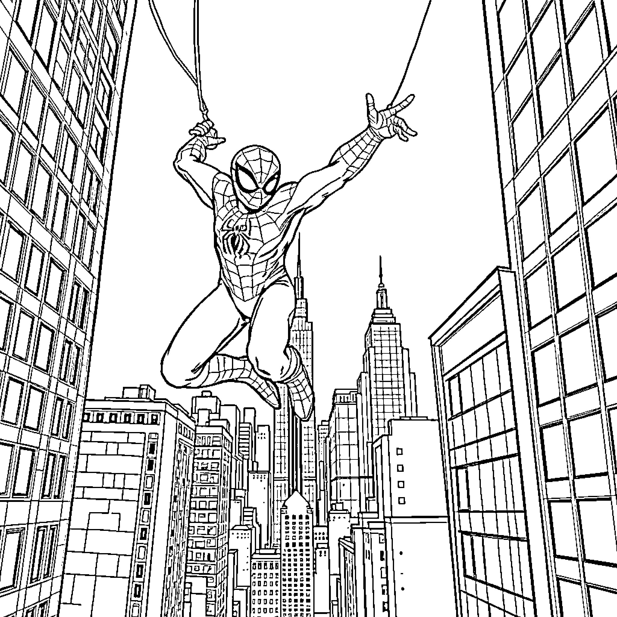 Spiderman swinging through the city skyline Coloring Page (free black-and-white line drawing printable PDF for all, from beginners to advanced learners, including children, teens, adults, and seniors)