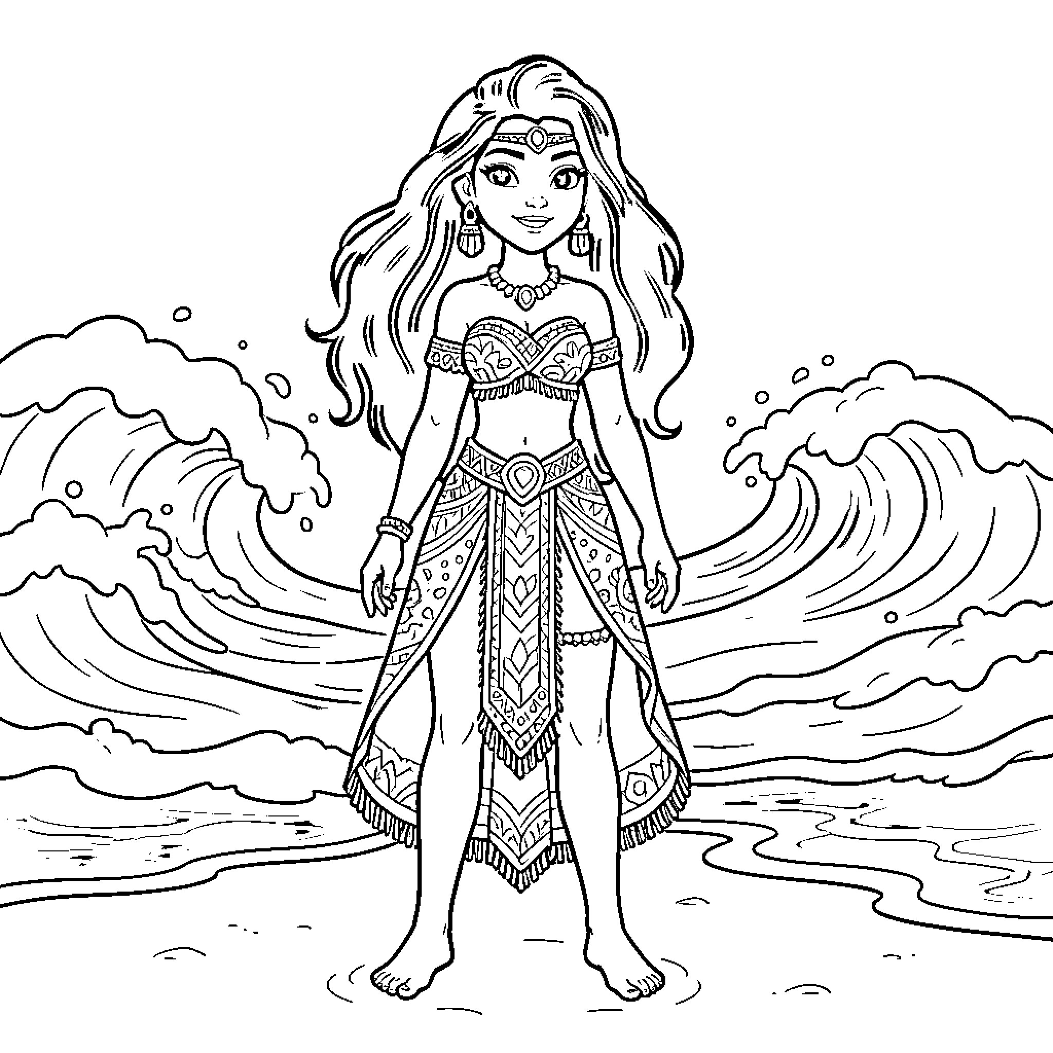 Vaiana exploring the ocean waves in her vibrant attire Coloring Page (free black-and-white line drawing printable PDF for all, from beginners to advanced learners, including children, teens, adults, and seniors)